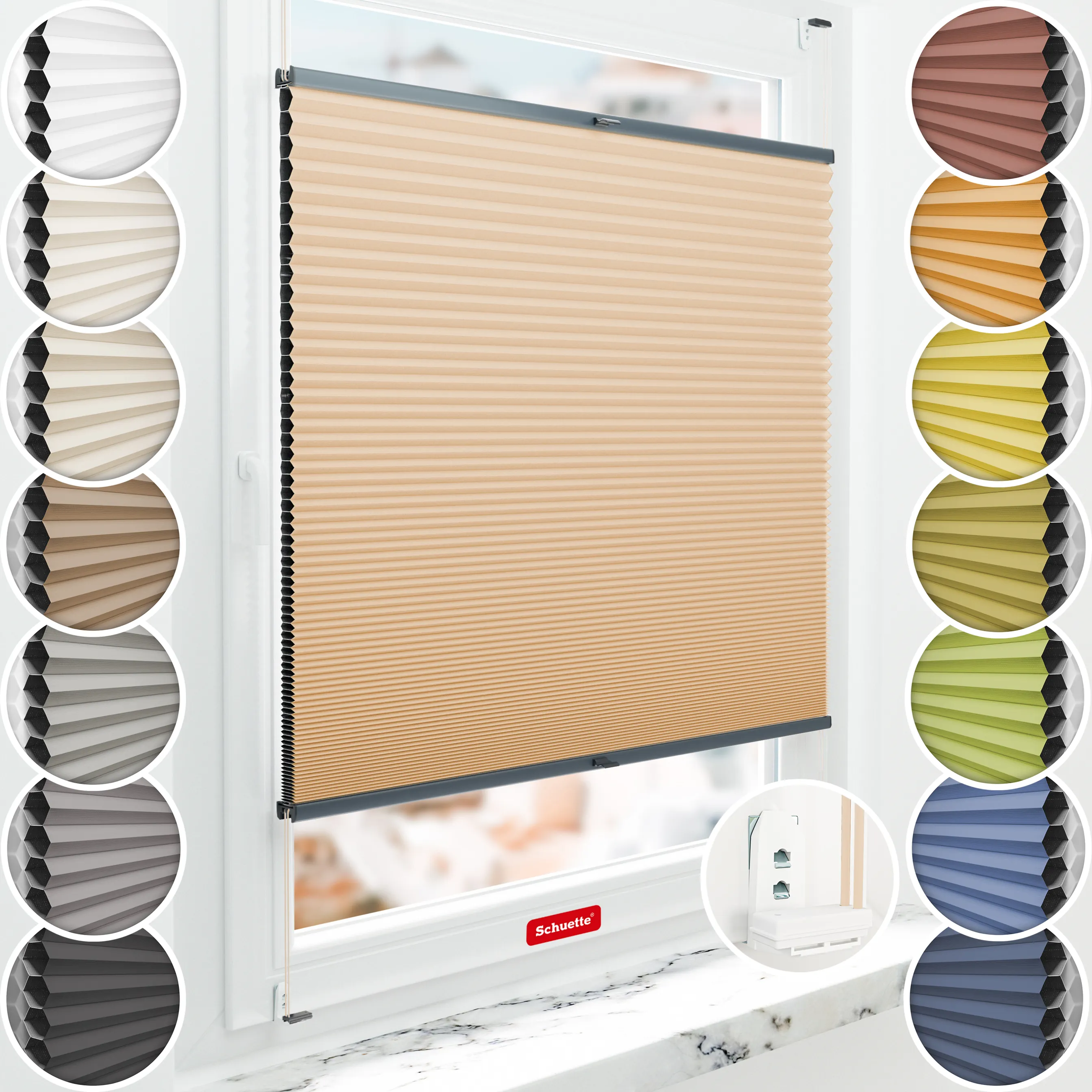 Schuette® Wabenplissee mit Bohren nach Maß • Suprafix "Double 2in1" Schraub- & Klemmhalter• Honey Kollektion: Honeywood (Sand) • Profilfarbe: Anthrazit