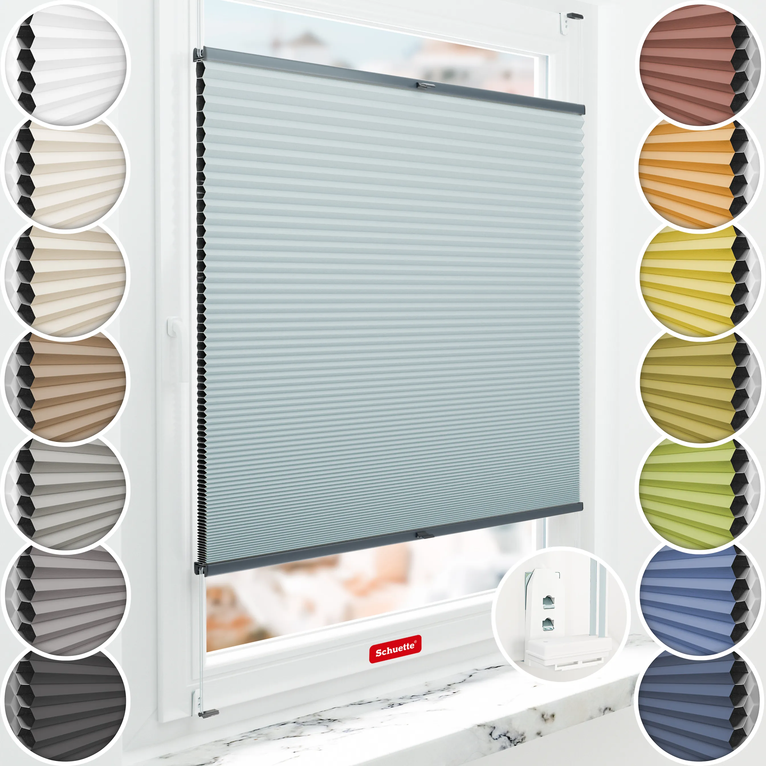 Schuette® Wabenplissee mit Bohren nach Maß • Suprafix "Double 2in1" Schraub- & Klemmhalter • Honey Kollektion: Cloud Nine (Pastellblau) • Profilfarbe: Anthrazit