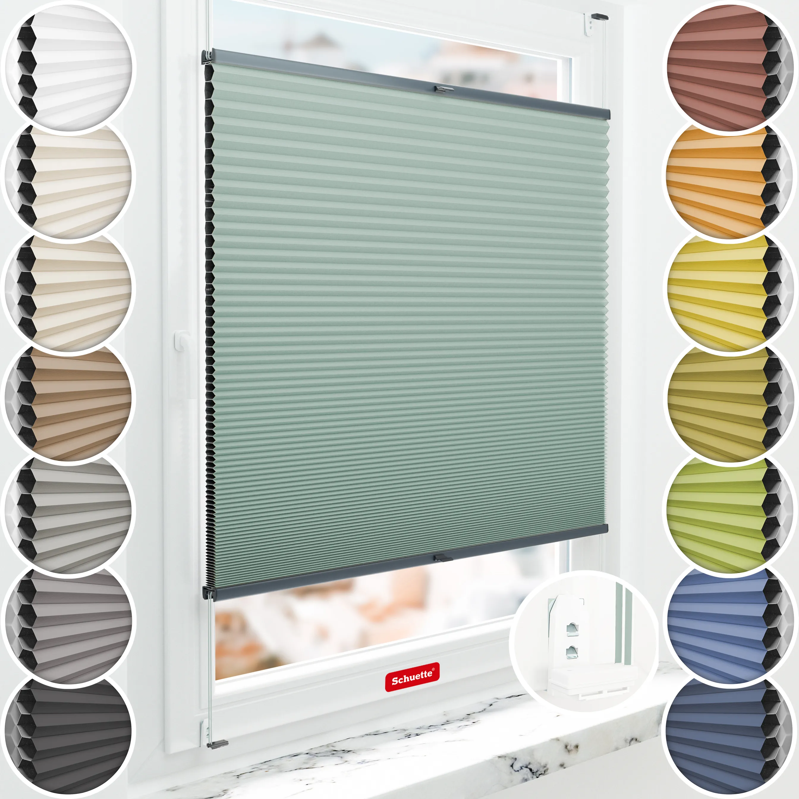 Schuette® Wabenplissee mit Bohren nach Maß • Suprafix "Double 2in1" Schraub- & Klemmhalter • Honey Kollektion: Wicked Emerald (Blassgrün) • Profilfarbe: Anthrazit