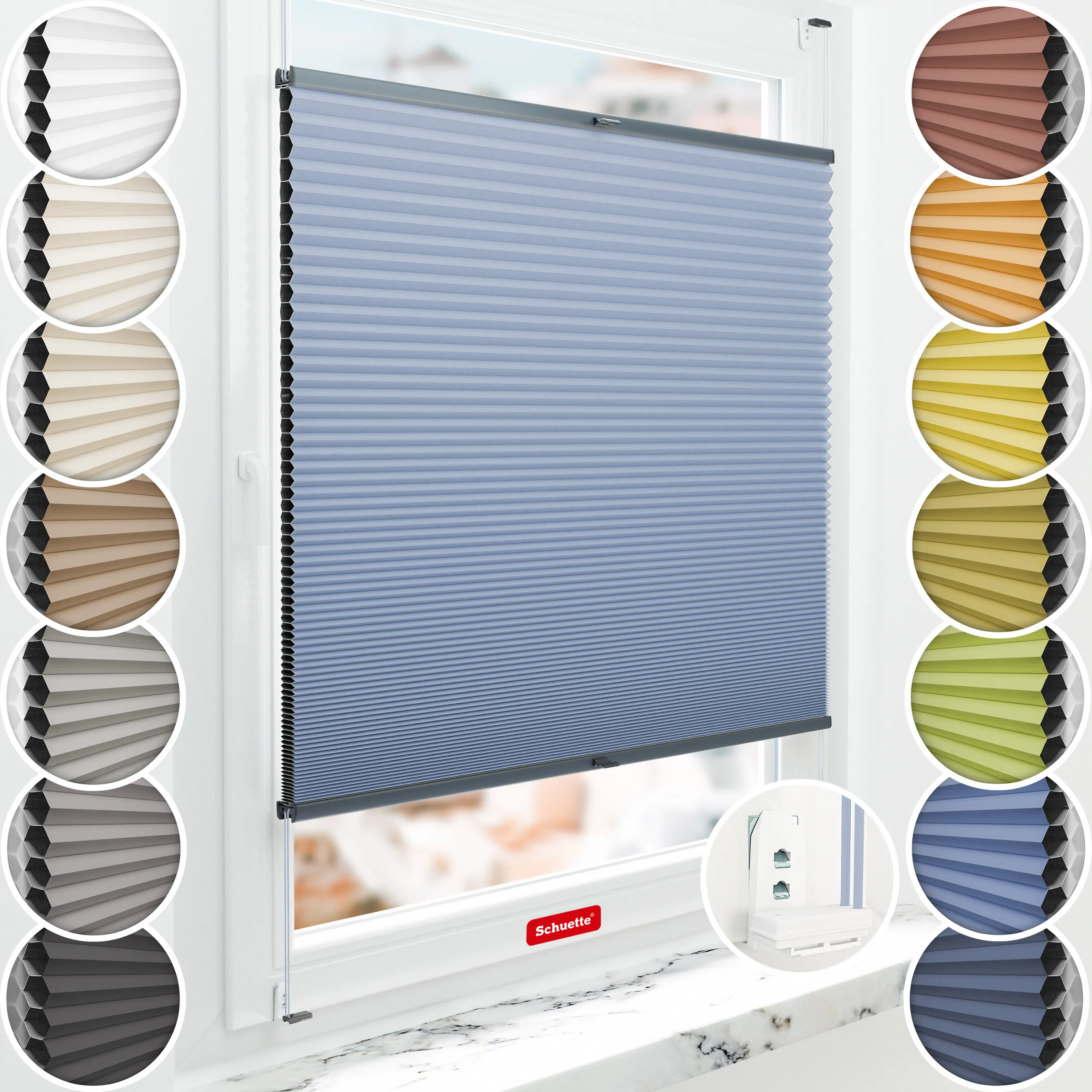 Schuette® Wabenplissee mit Bohren nach Maß • Suprafix "Double 2in1" Schraub- & Klemmhalter• Honey Kollektion: Ocean Drive (Hellblau) • Profilfarbe: Anthrazit