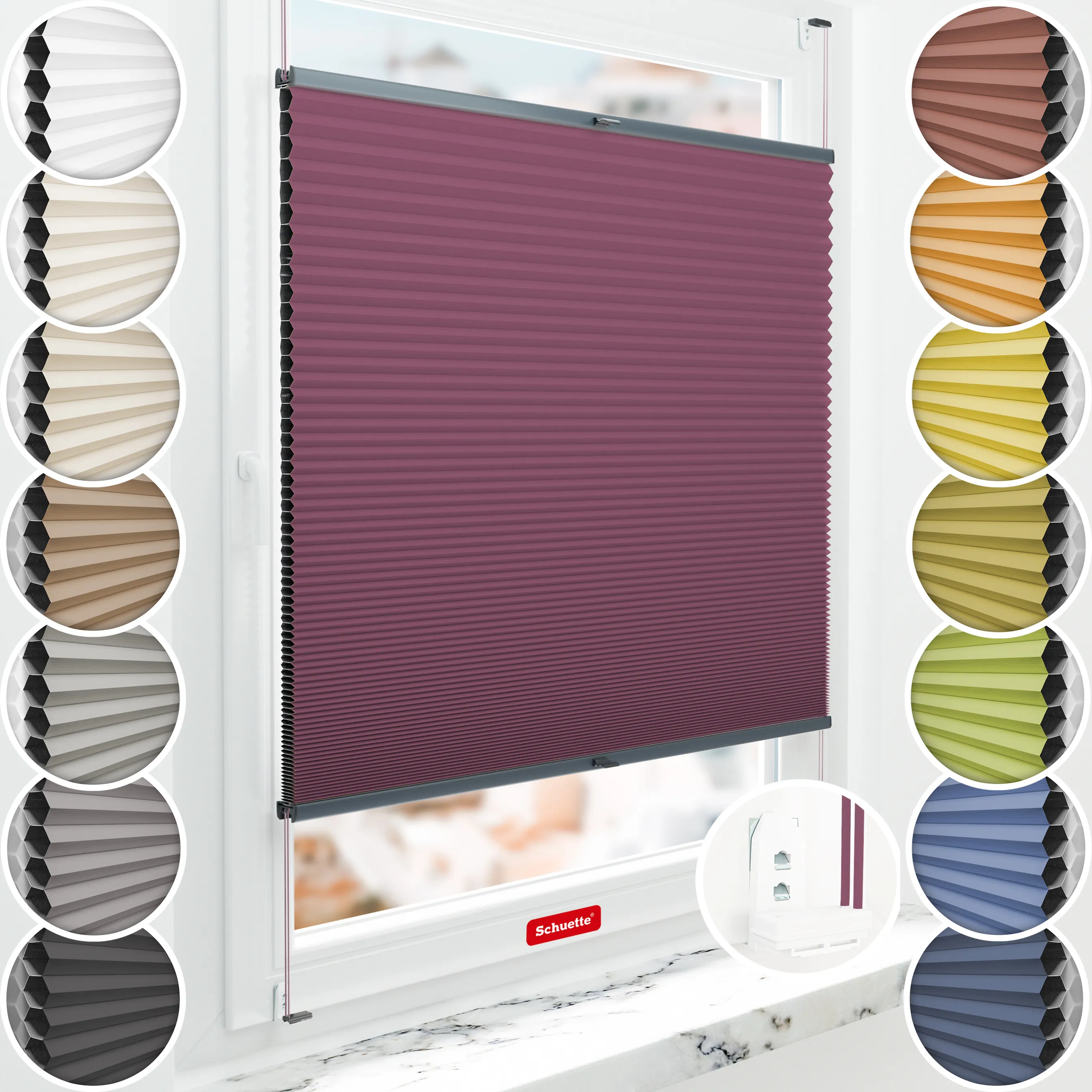 Schuette® Wabenplissee mit Bohren nach Maß • Suprafix "Double 2in1" Schraub- & Klemmhalter • Honey Kollektion: Red Velvet (Purpurrot) • Profilfarbe: Anthrazit