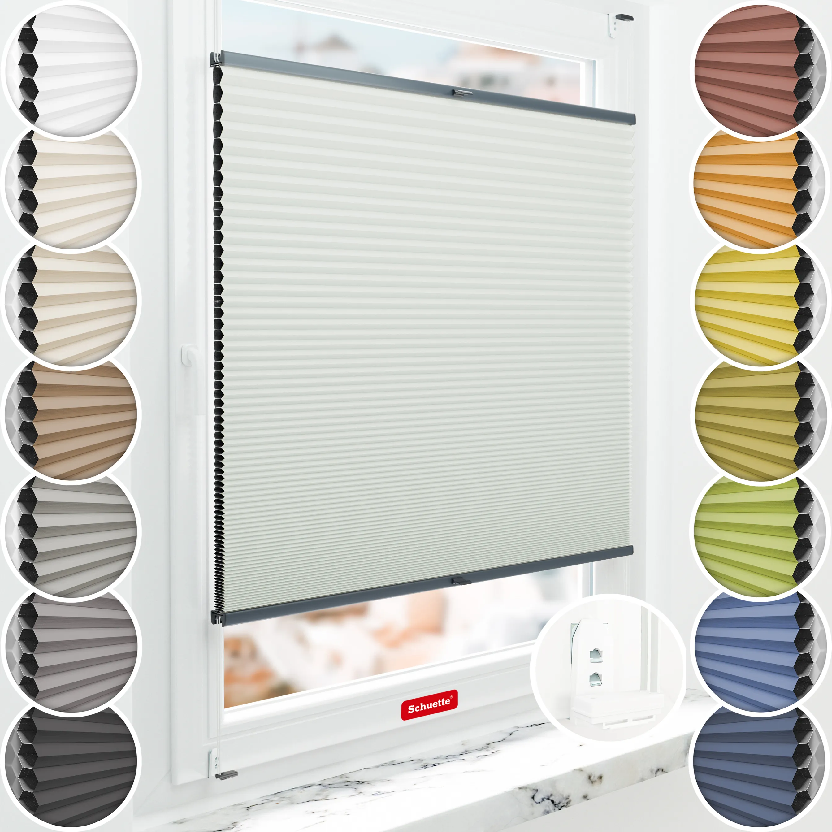 Schuette® Wabenplissee mit Bohren nach Maß • Suprafix "Double 2in1" Schraub- & Klemmhalter • Honey Kollektion: Tinkerbell Twinkle (Pastellgrün) • Profilfarbe: Anthrazit