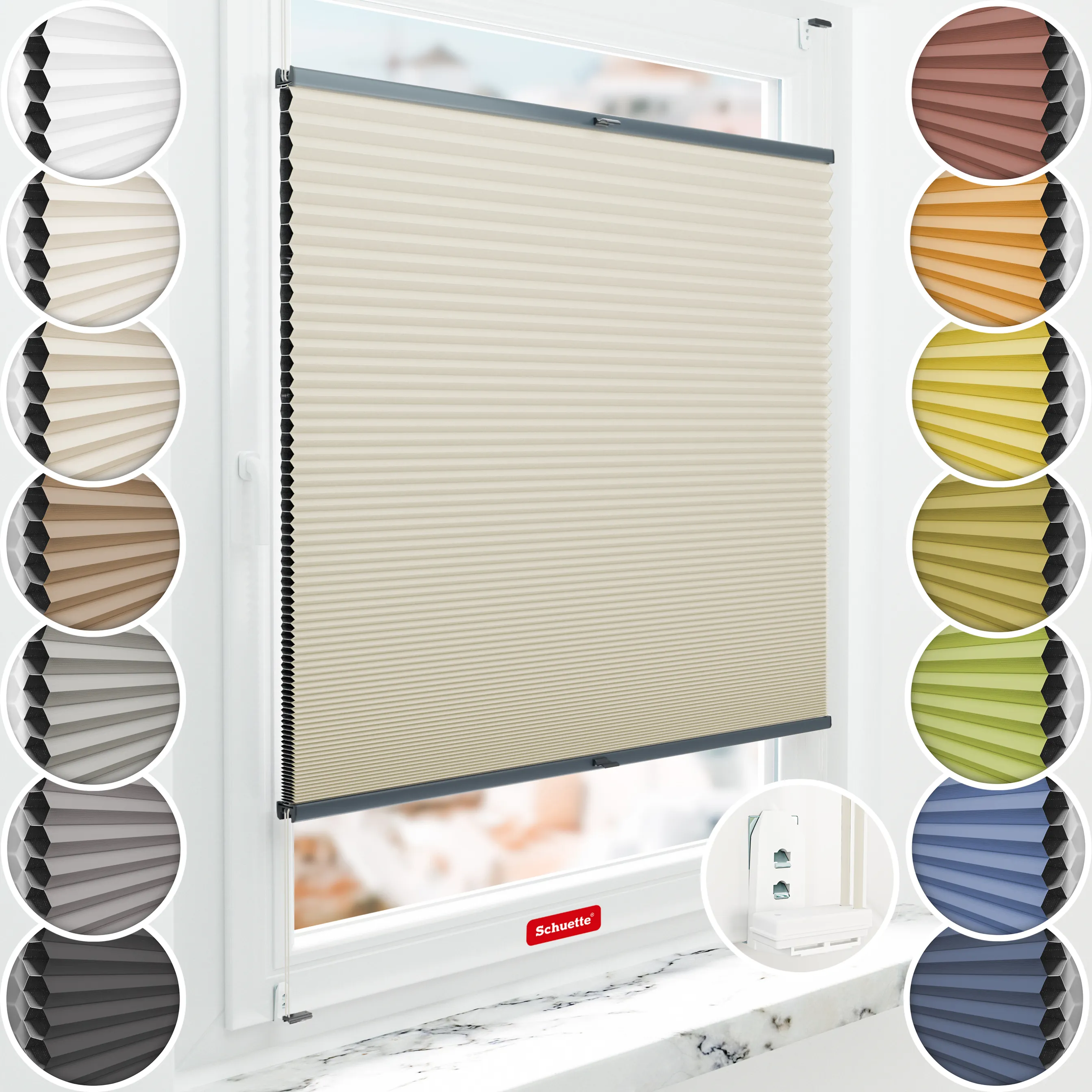 Schuette® Wabenplissee mit Bohren nach Maß • Suprafix "Double 2in1" Schraub- & Klemmhalter • Honey Kollektion: Belgian Waffle (Creme) • Profilfarbe: Anthrazit