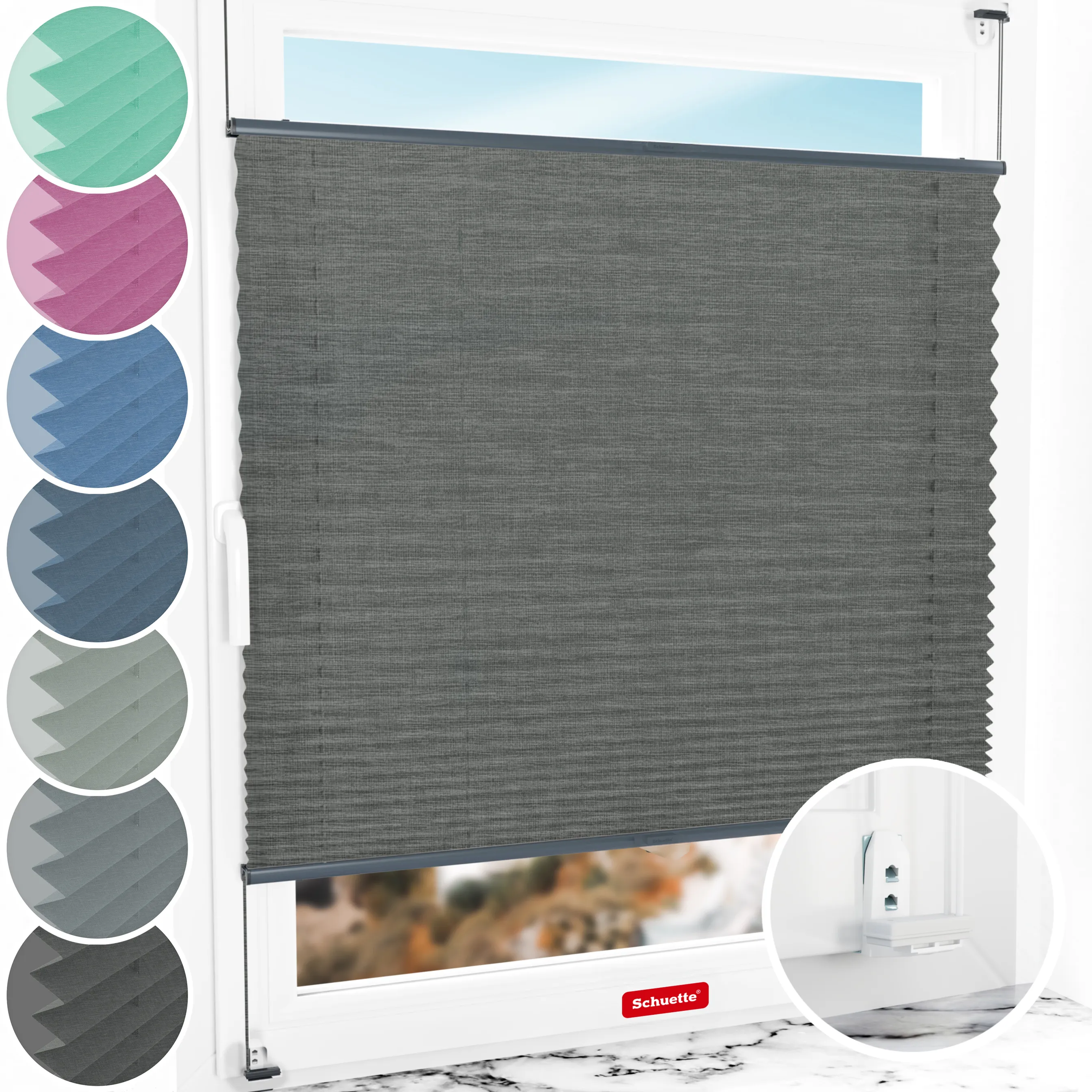 Schuette® Plissee mit Bohren nach Maß • Suprafix "Double 2in1" Schraub- & Klemmhalter • Melange Kollektion: Black Pearl (Schwarz) • Profilfarbe: Anthrazit