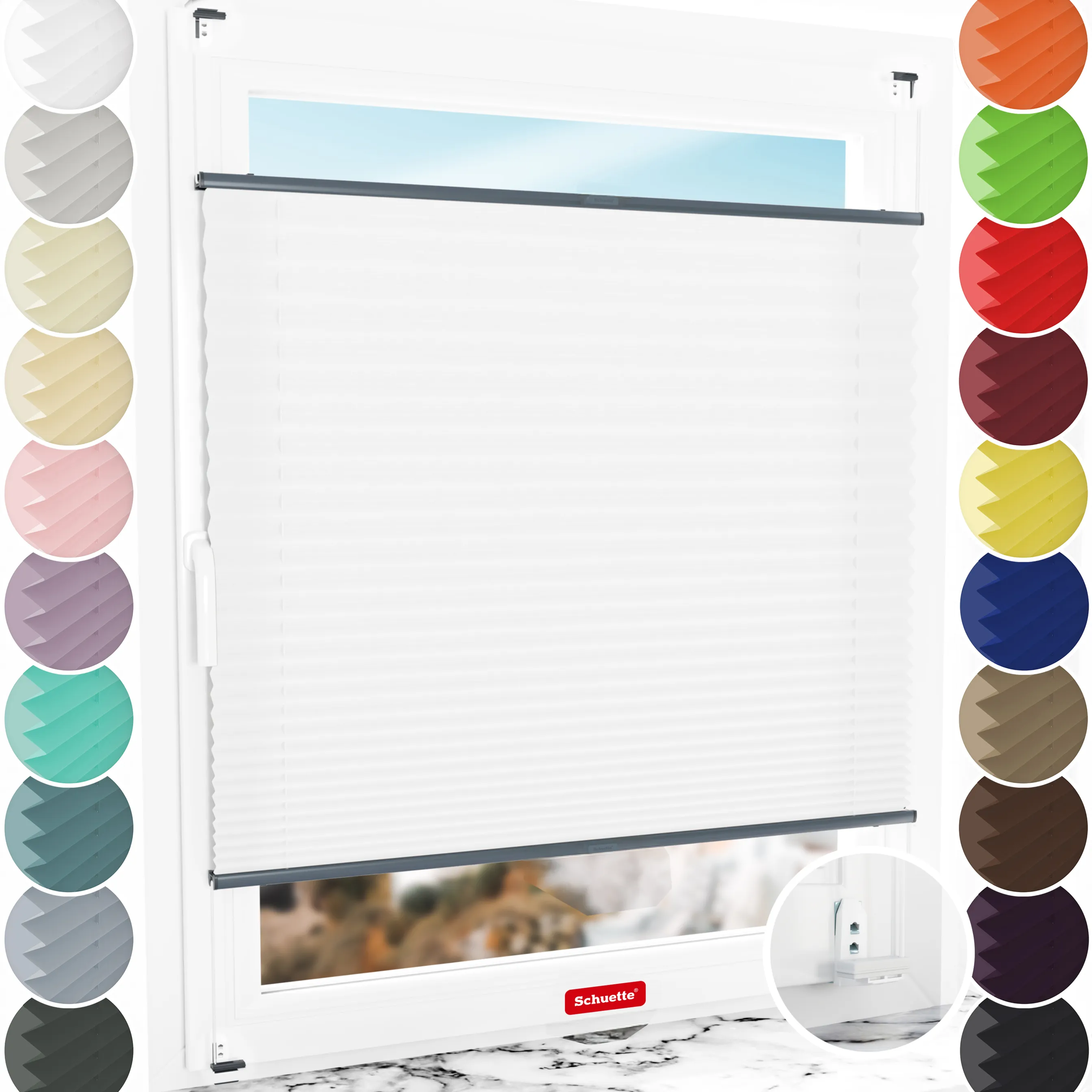 Schuette® Plissee mit Bohren nach Maß • Suprafix "Double 2in1" Schraub- & Klemmhalter • Premium Kollektion: White Day (Weiß) • Profilfarbe: Anthrazit