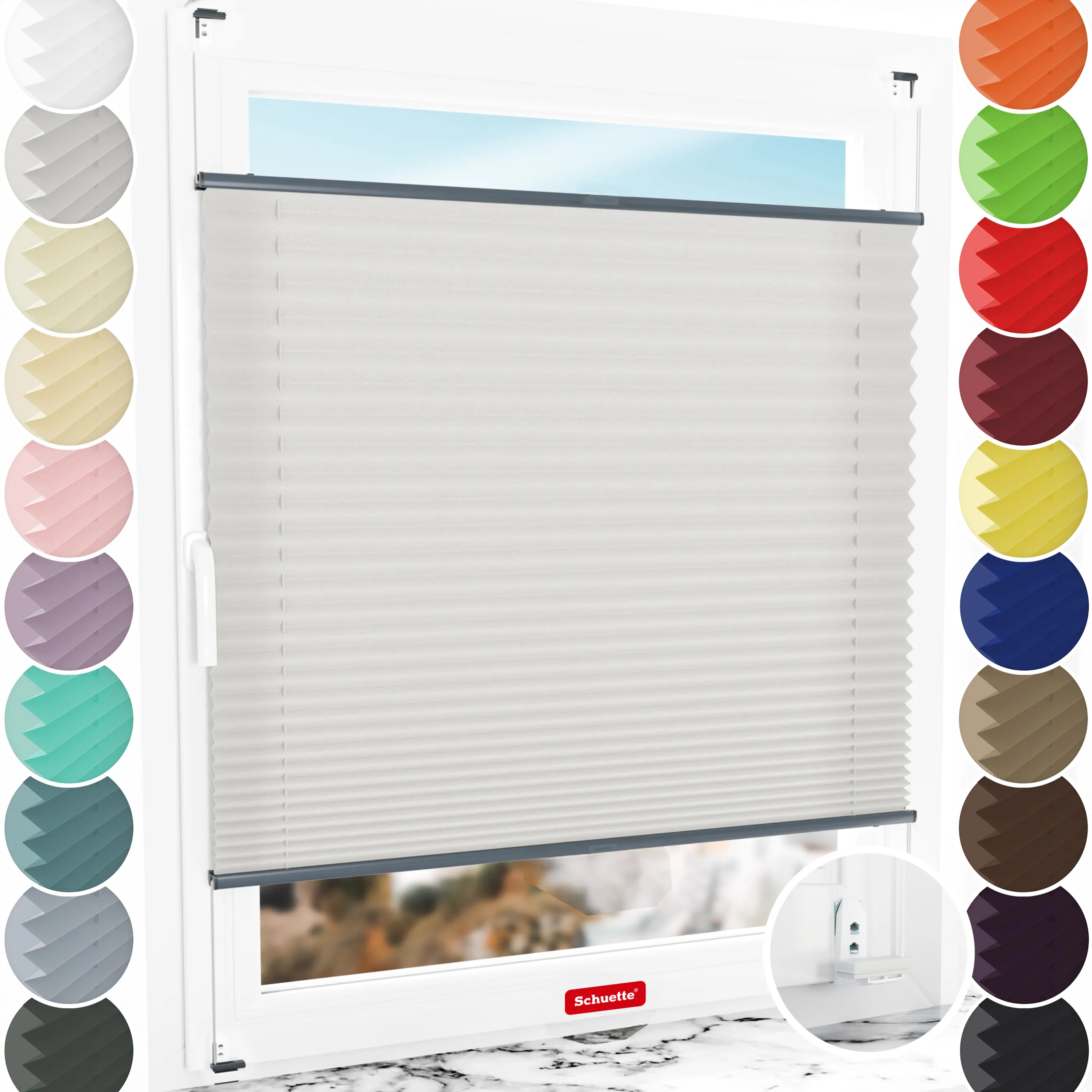 Schuette® Plissee mit Bohren nach Maß • Suprafix "Double 2in1" Schraub- & Klemmhalter • Premium Kollektion: A Way Home (Silber) • Profilfarbe: Anthrazit