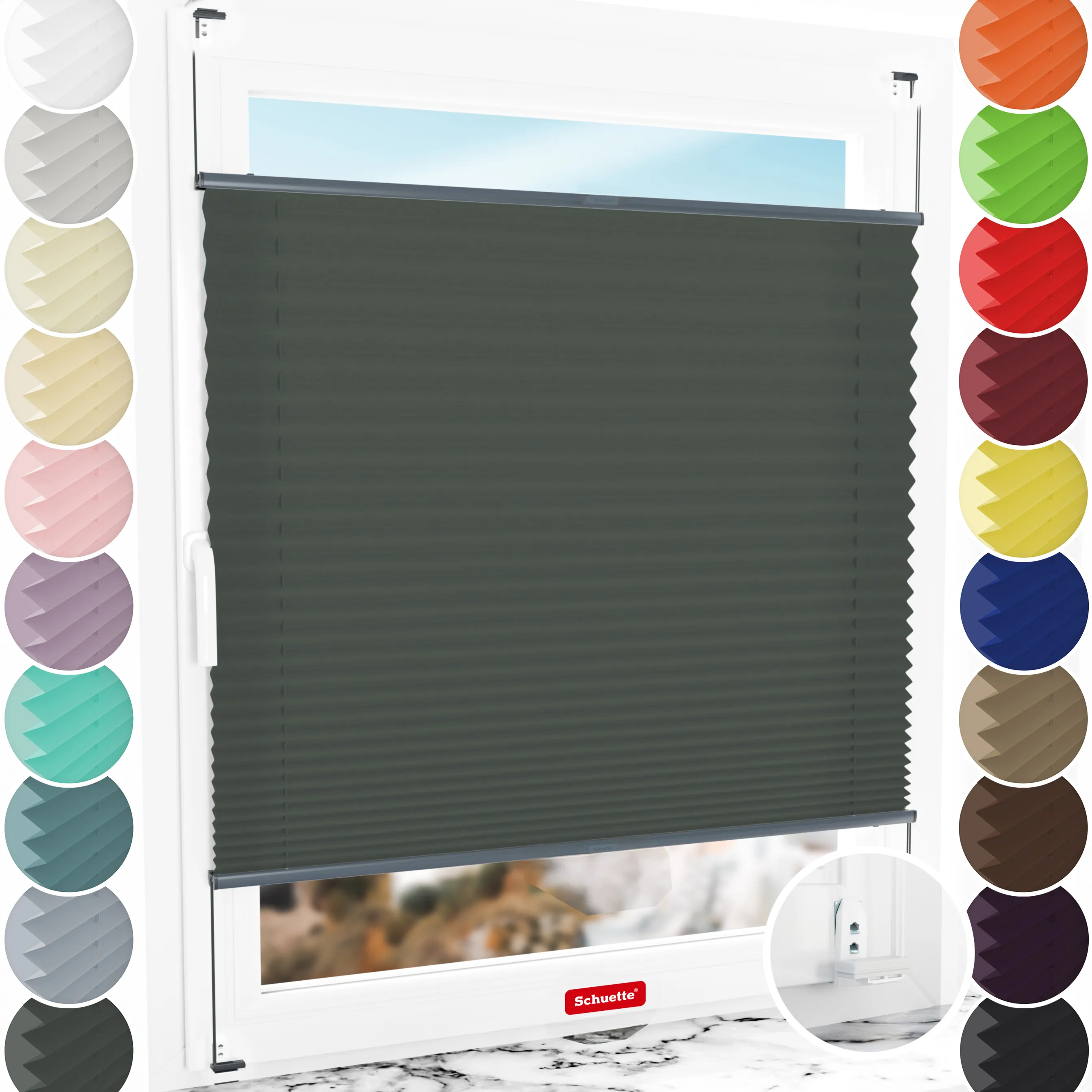 Schuette® Plissee mit Bohren nach Maß • Suprafix "Double 2in1" Schraub- & Klemmhalter • Premium Kollektion: Rocky Mountain (Graphit) • Profilfarbe: Anthrazit