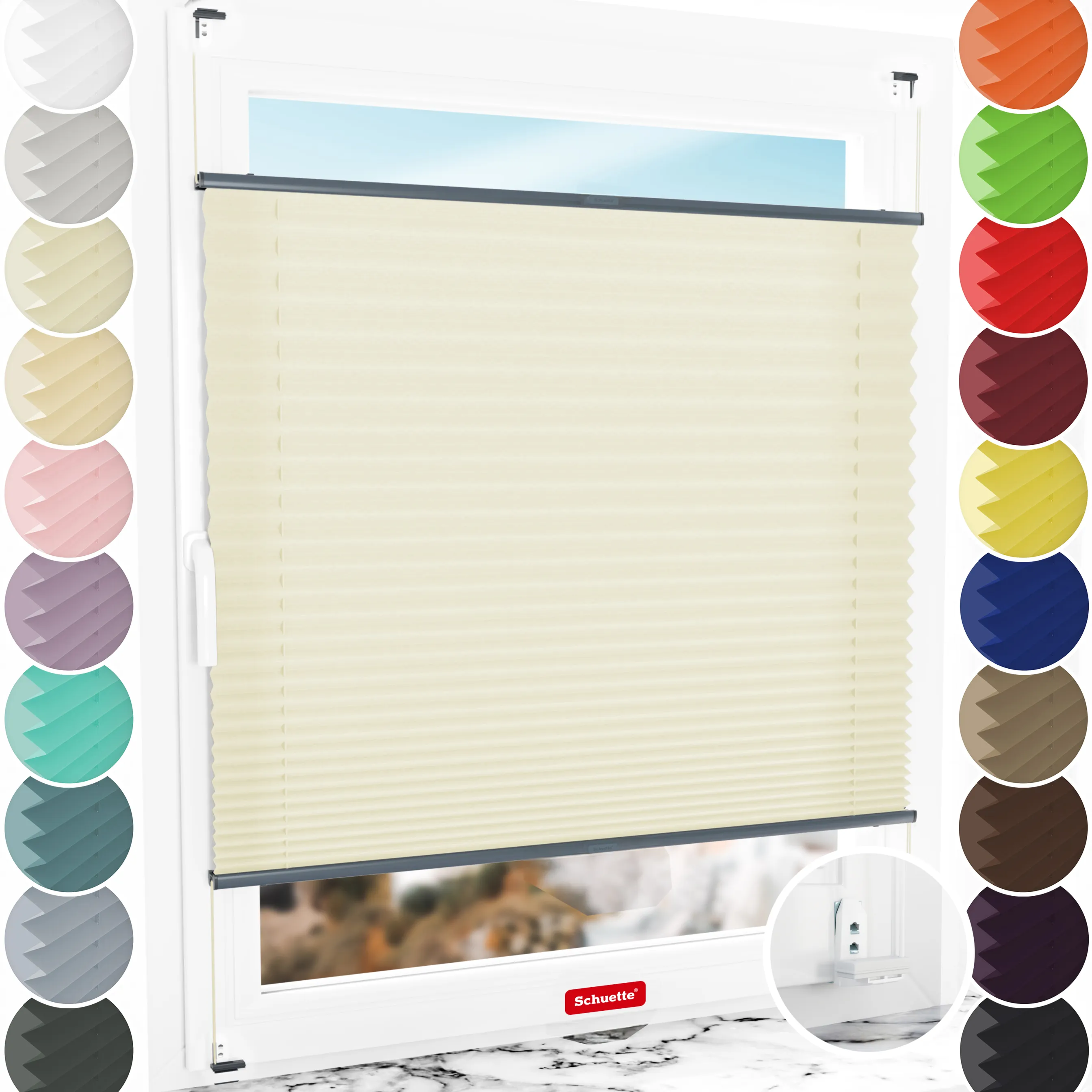 Schuette® Plissee mit Bohren nach Maß • Suprafix "Double 2in1" Schraub- & Klemmhalter • Premium Kollektion: Vanilla Ice Cream (Creme) • Profilfarbe: Anthrazit
