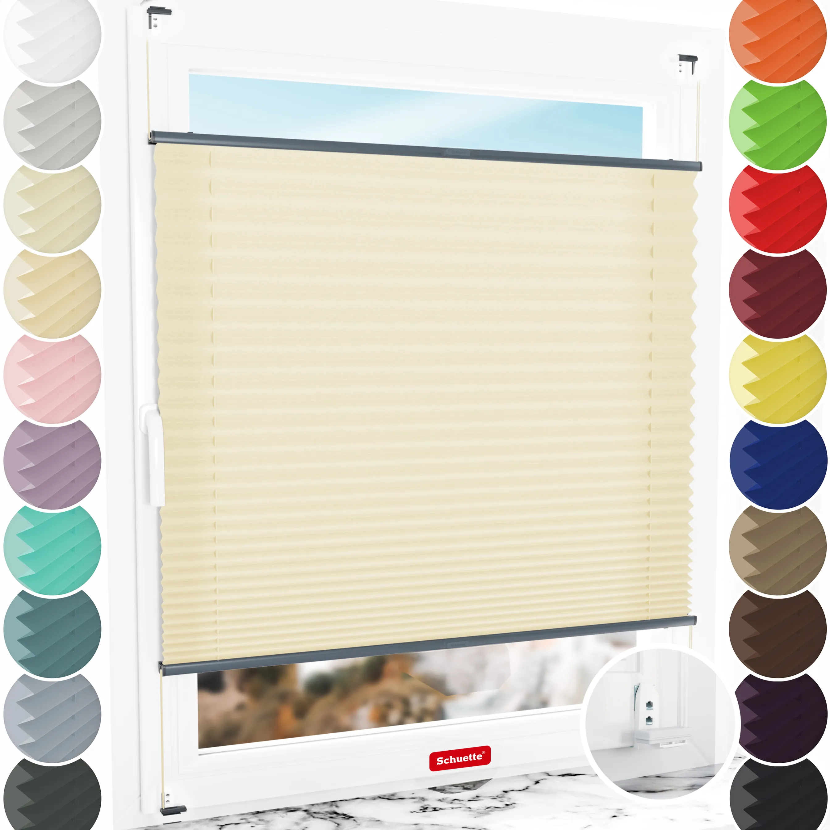 Schuette® Plissee mit Bohren nach Maß • Suprafix "Double 2in1" Schraub- & Klemmhalter • Premium Kollektion: Sahara's Sand • Profilfarbe: Anthrazit