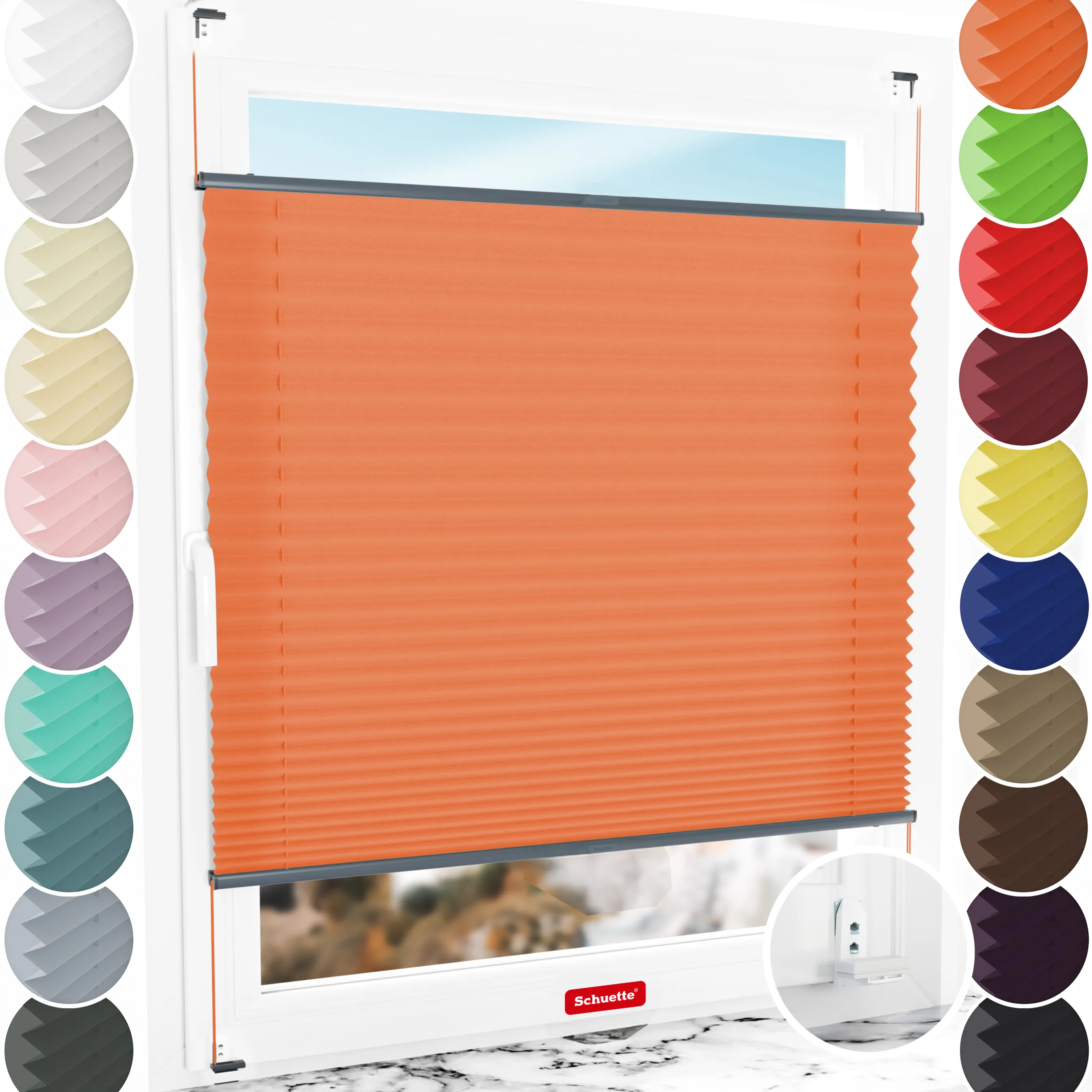 Schuette® Plissee mit Bohren nach Maß • Suprafix "Double 2in1" Schraub- & Klemmhalter • Premium Kollektion: Sunset (Orange) • Profilfarbe: Anthrazit