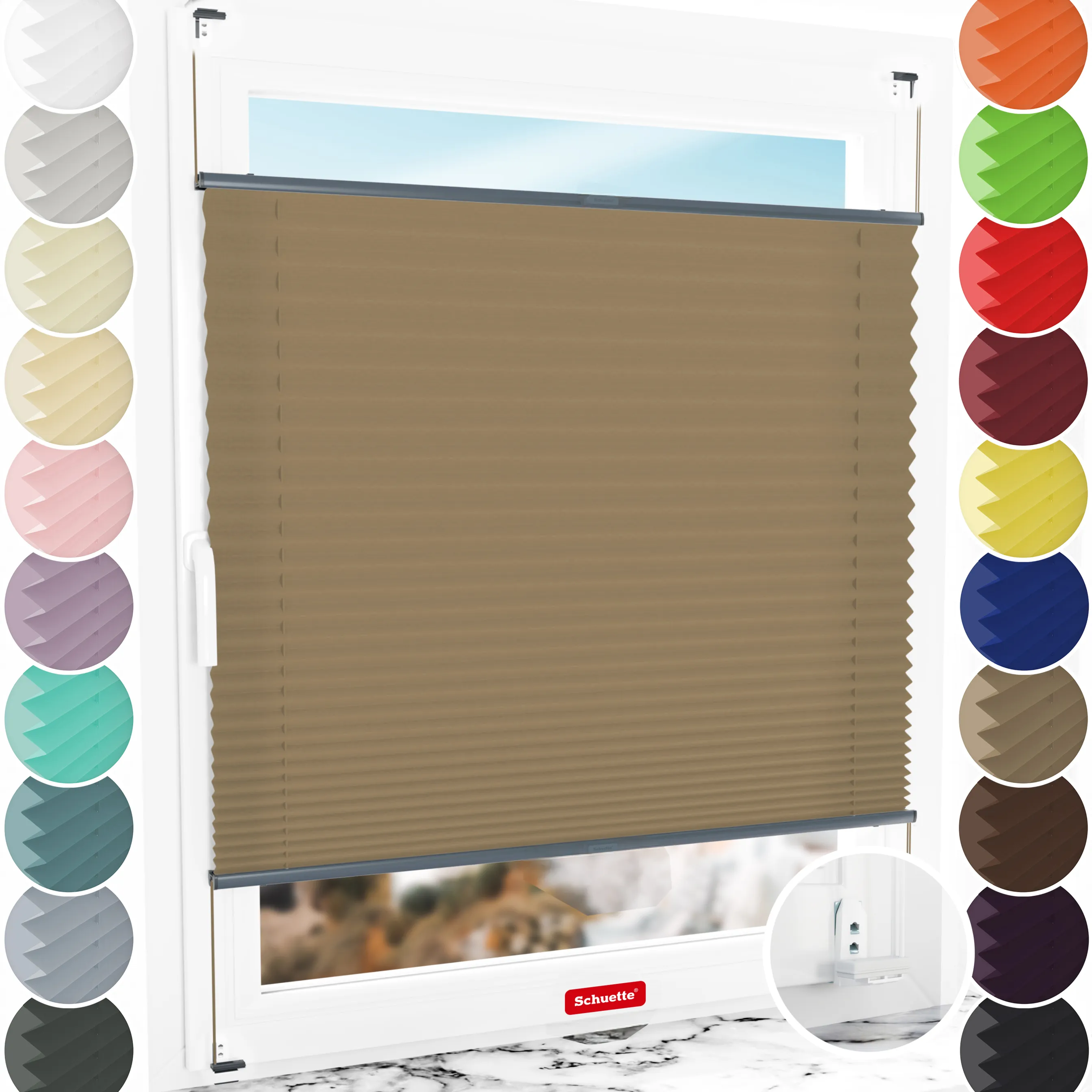 Schuette® Plissee mit Bohren nach Maß • Suprafix "Double 2in1" Schraub- & Klemmhalter • Premium Kollektion: Morning Coffee (Hellbraun) • Profilfarbe: Anthrazit