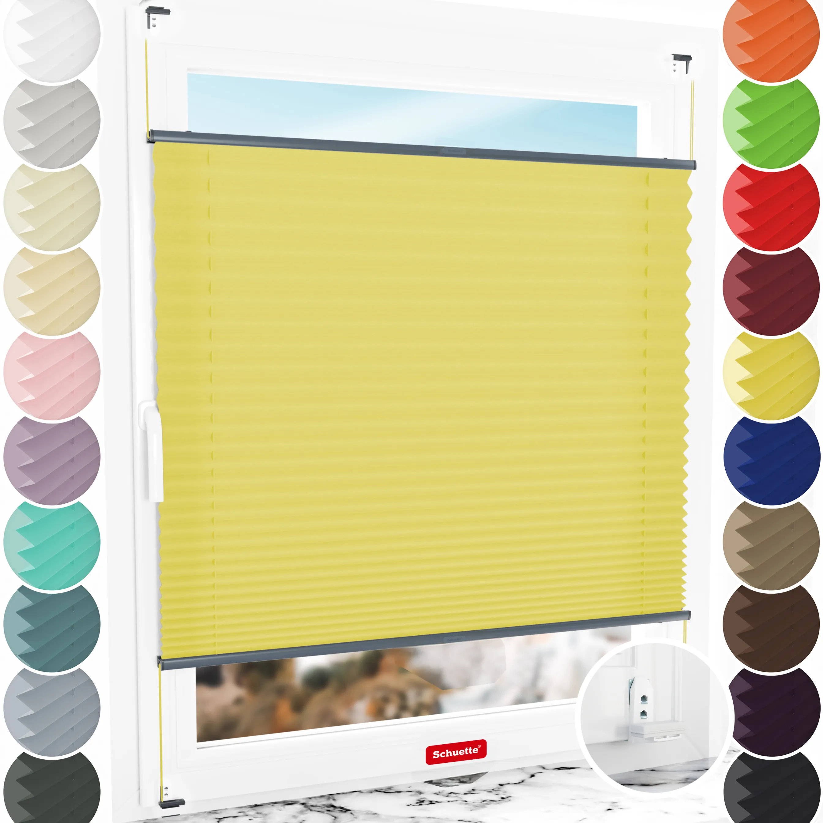 Schuette® Plissee mit Bohren nach Maß • Suprafix "Double 2in1" Schraub- & Klemmhalter • Premium Kollektion: Summer Time (Gelb) • Profilfarbe: Anthrazit