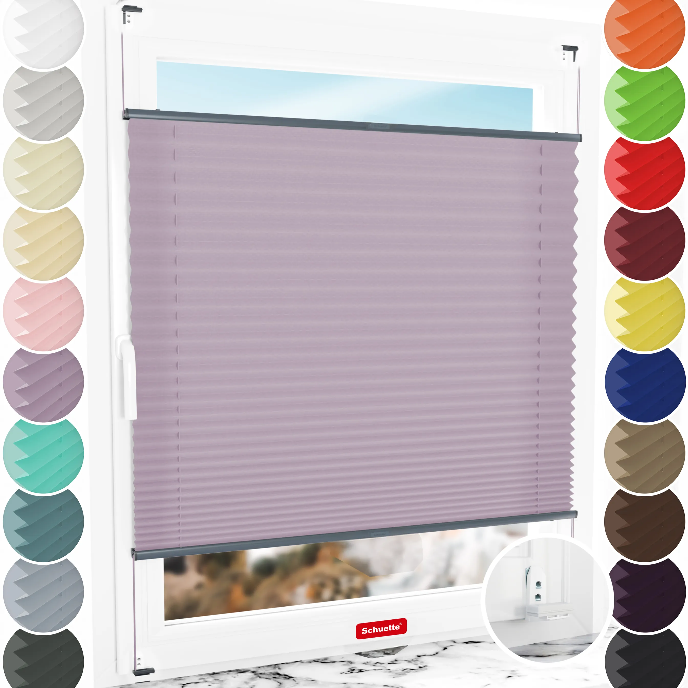 Schuette® Plissee mit Bohren nach Maß • Suprafix "Double 2in1" Schraub- & Klemmhalter • Premium Kollektion: Plum Charm (Lila) • Profilfarbe: Anthrazit