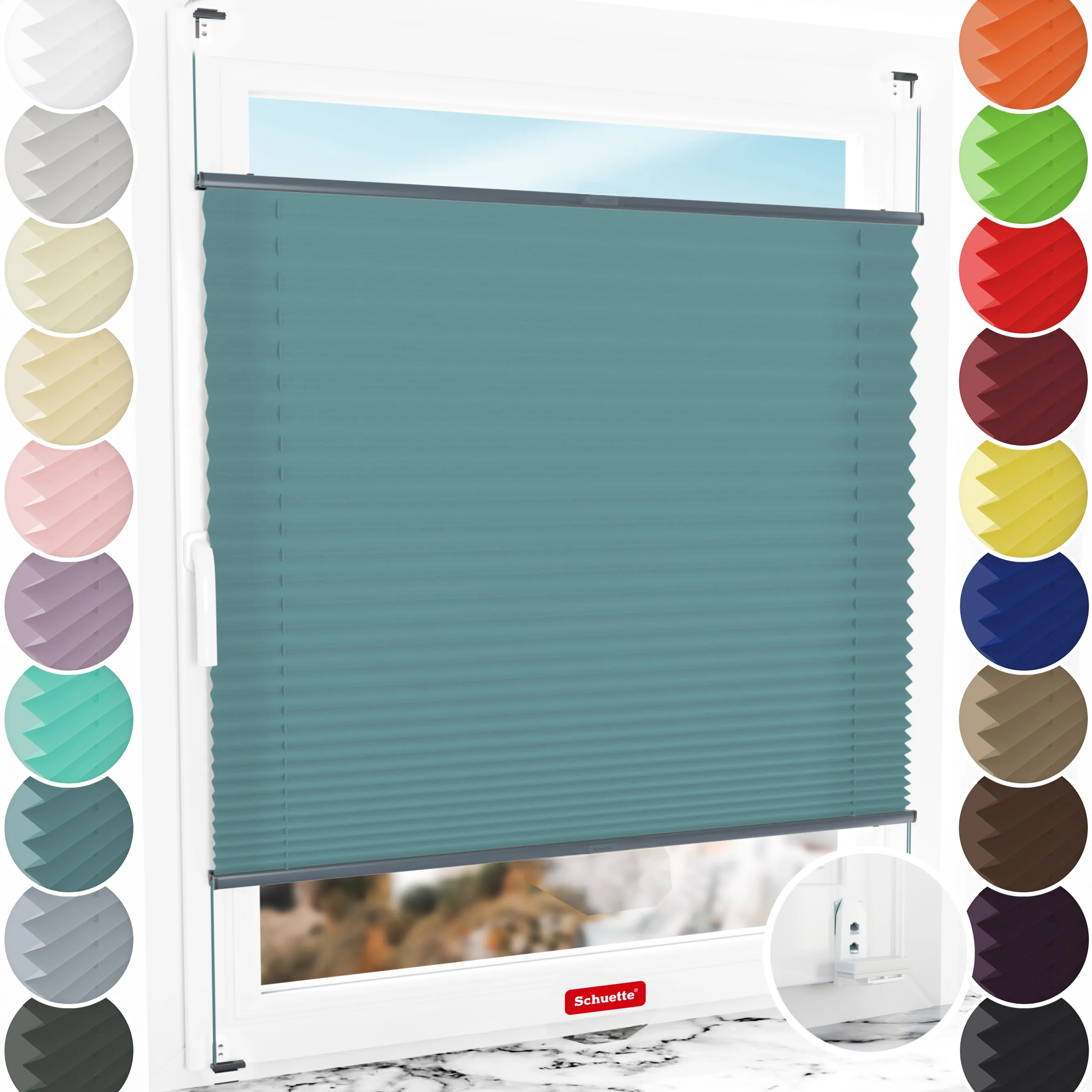 Schuette® Plissee mit Bohren nach Maß • Suprafix "Double 2in1" Schraub- & Klemmhalter • Premium Kollektion: Cove Calm (Taubenblau) • Profilfarbe: Anthrazit