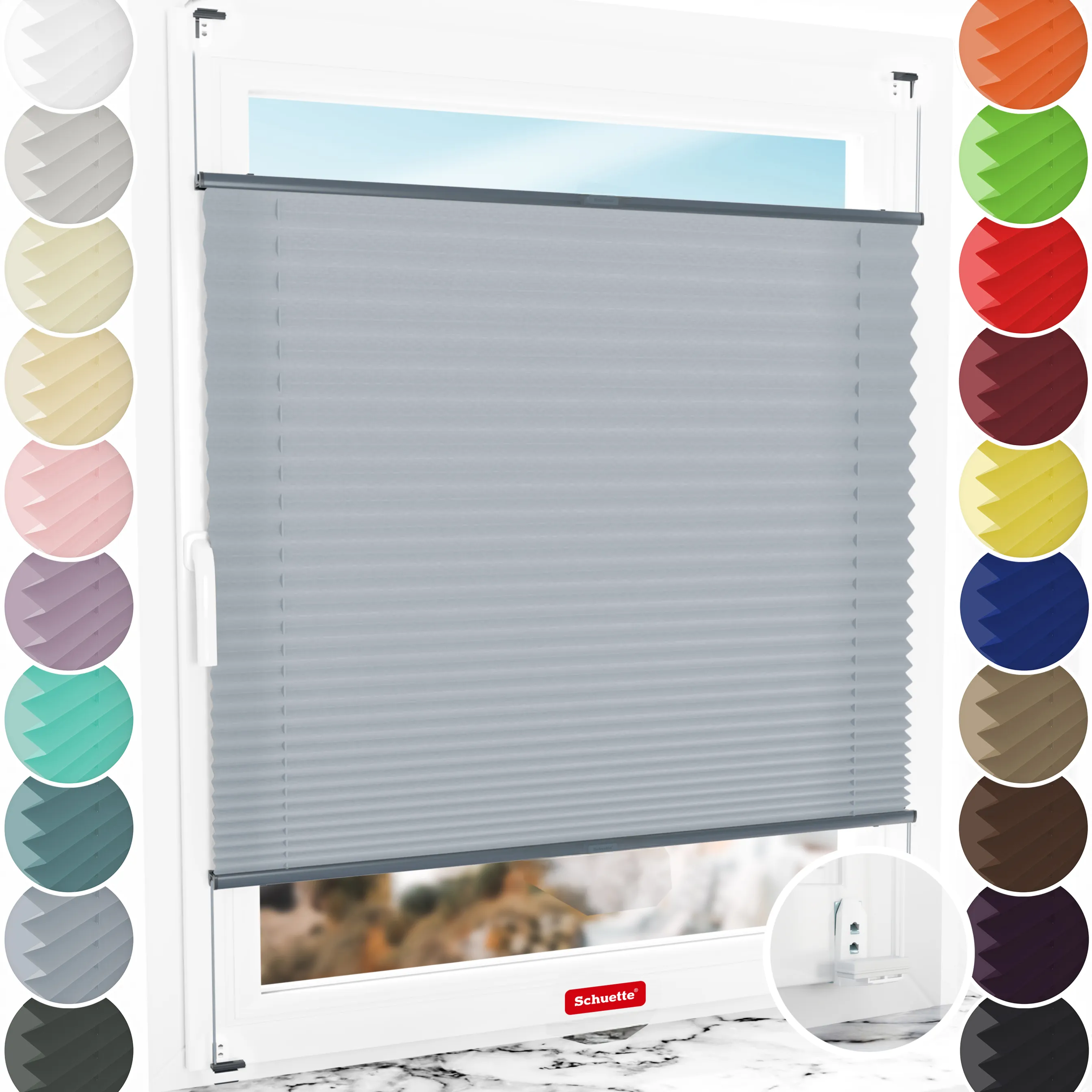 Schuette® Plissee mit Bohren nach Maß • Suprafix "Double 2in1" Schraub- & Klemmhalter • Premium Kollektion: Silver Sonata (Grau) • Profilfarbe: Anthrazit