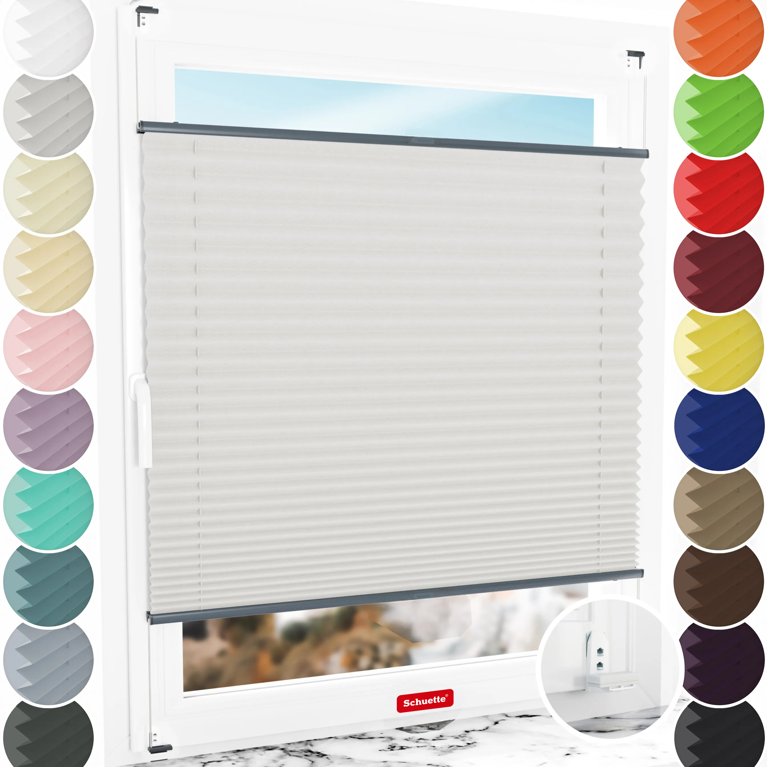 Schuette® Plissee mit Bohren nach Maß • Suprafix "Double 2in1" Schraub- & Klemmhalter • Thermo Kollektion: Spring Cloud (Grau) • Profilfarbe: Anthrazit