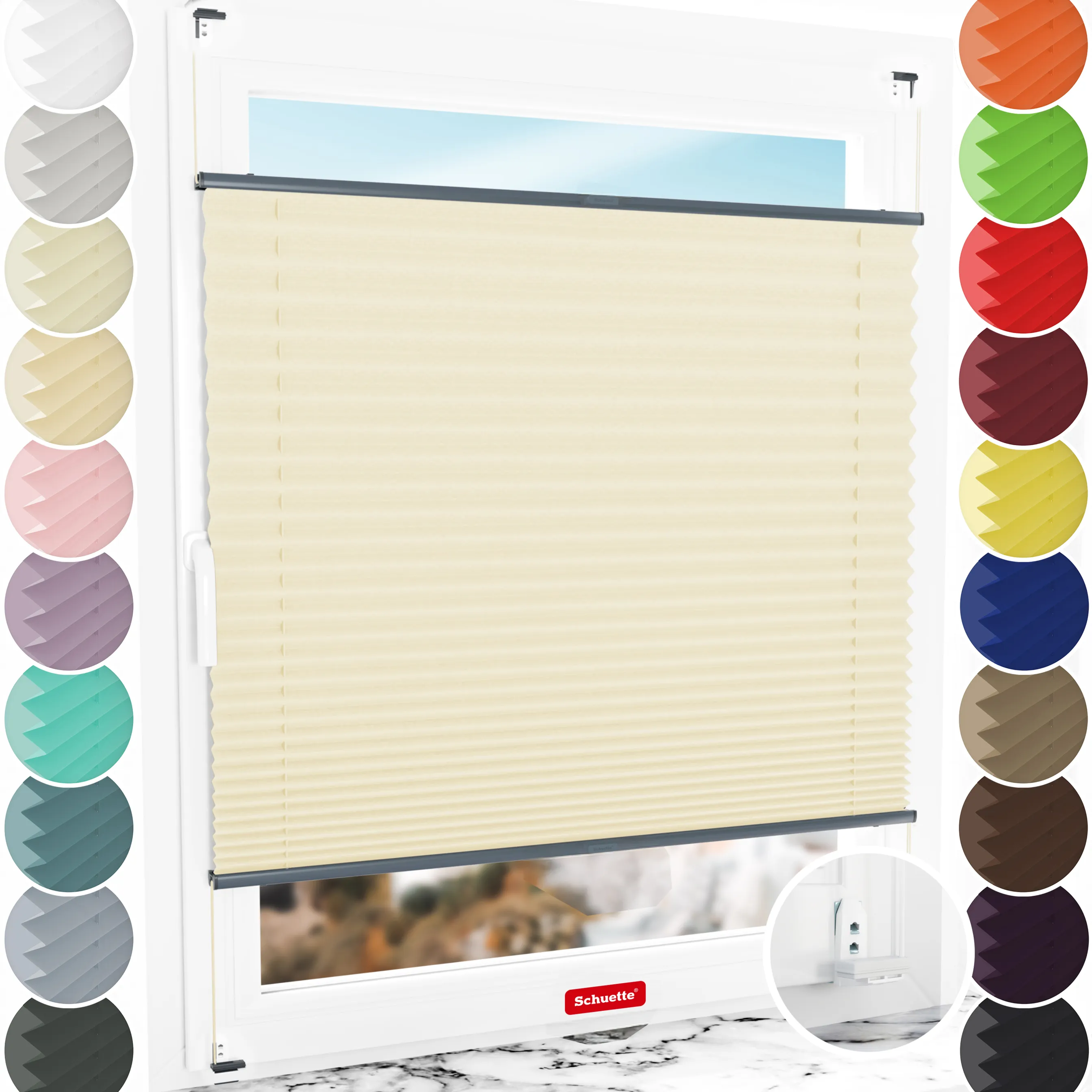 Schuette® Plissee mit Bohren nach Maß • Suprafix "Double 2in1" Schraub- & Klemmhalter • Thermo Kollektion: Milk Tea (Beige) • Profilfarbe: Anthrazit