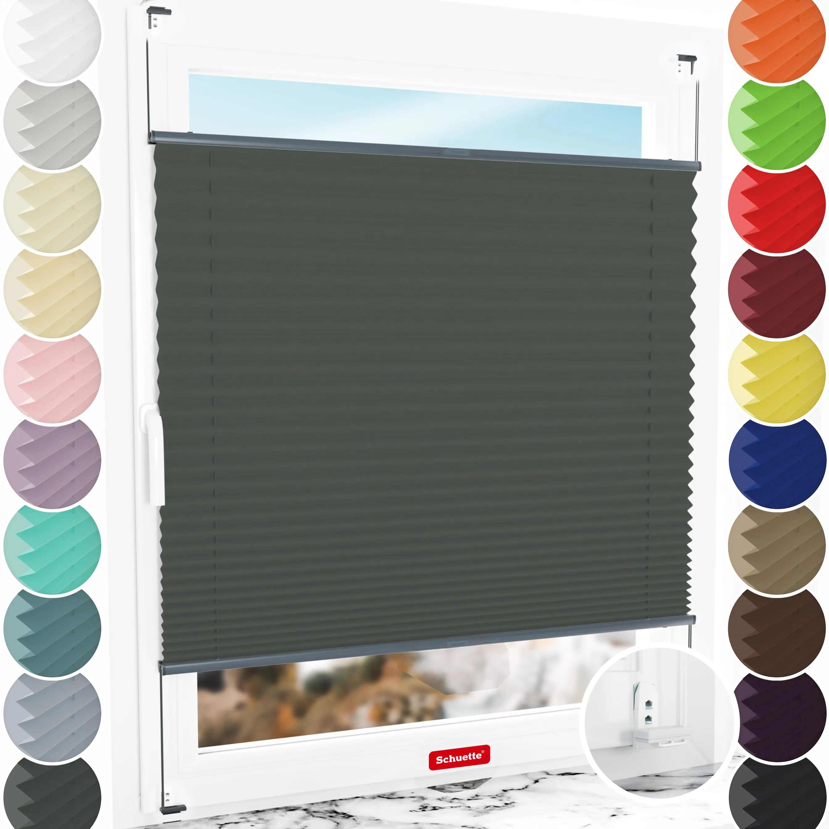 Schuette® Plissee mit Bohren nach Maß • Suprafix "Double 2in1" Schraub- & Klemmhalter • Thermo Kollektion: Before Storm (Grau) • Profilfarbe: Anthrazit