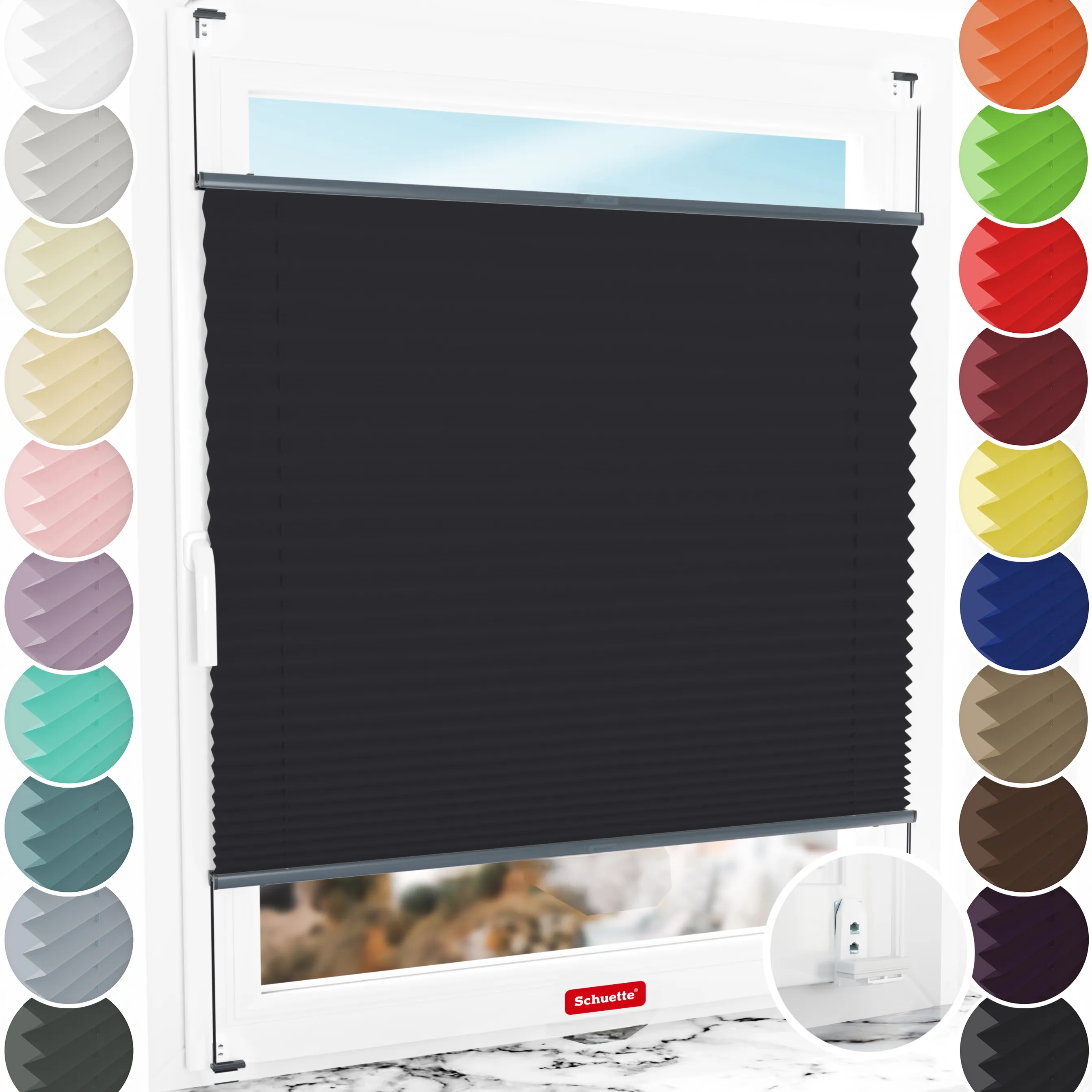 Schuette® Plissee mit Bohren nach Maß • Suprafix "Double 2in1" Schraub- & Klemmhalter • Thermo Kollektion: Dark Night (Schwarz) • Profilfarbe: Anthrazit