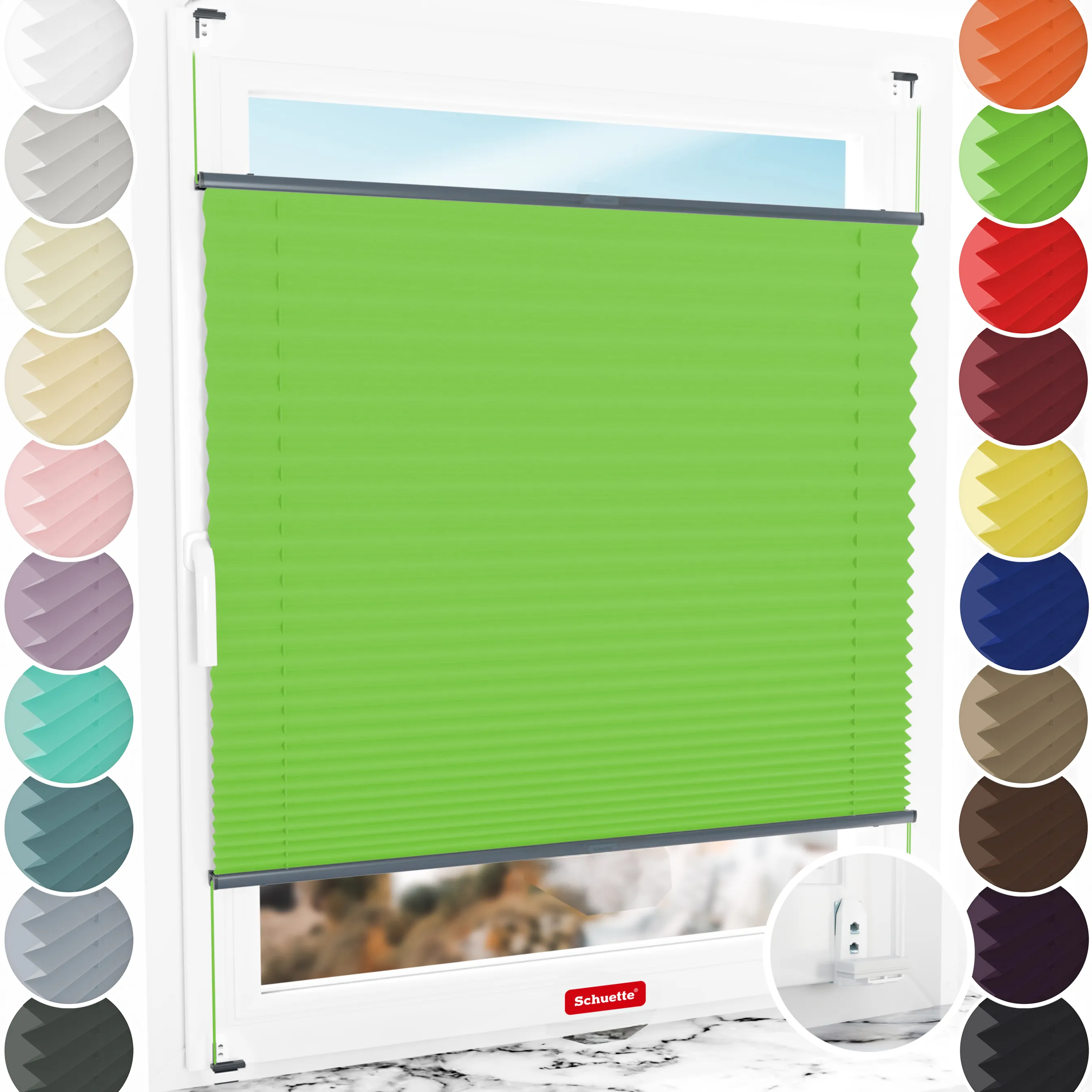 Schuette® Plissee mit Bohren nach Maß • Suprafix "Double 2in1" Schraub- & Klemmhalter • Thermo Kollektion: Leaf Joy (Grün) • Profilfarbe: Anthrazit