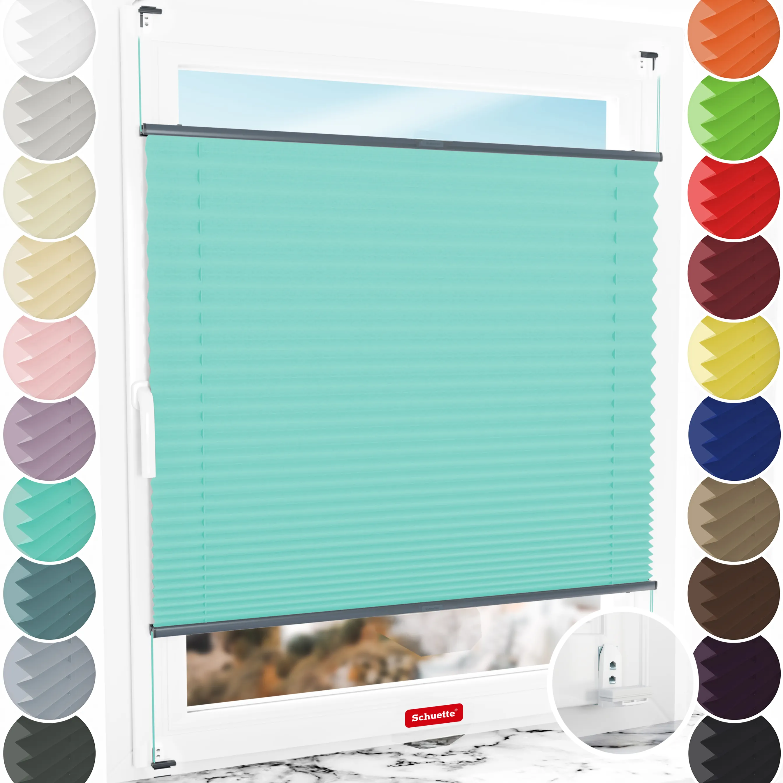 Schuette® Plissee mit Bohren nach Maß • Suprafix "Double 2in1" Schraub- & Klemmhalter • Thermo Kollektion: Tide Tune (Türkis) • Profilfarbe: Anthrazit