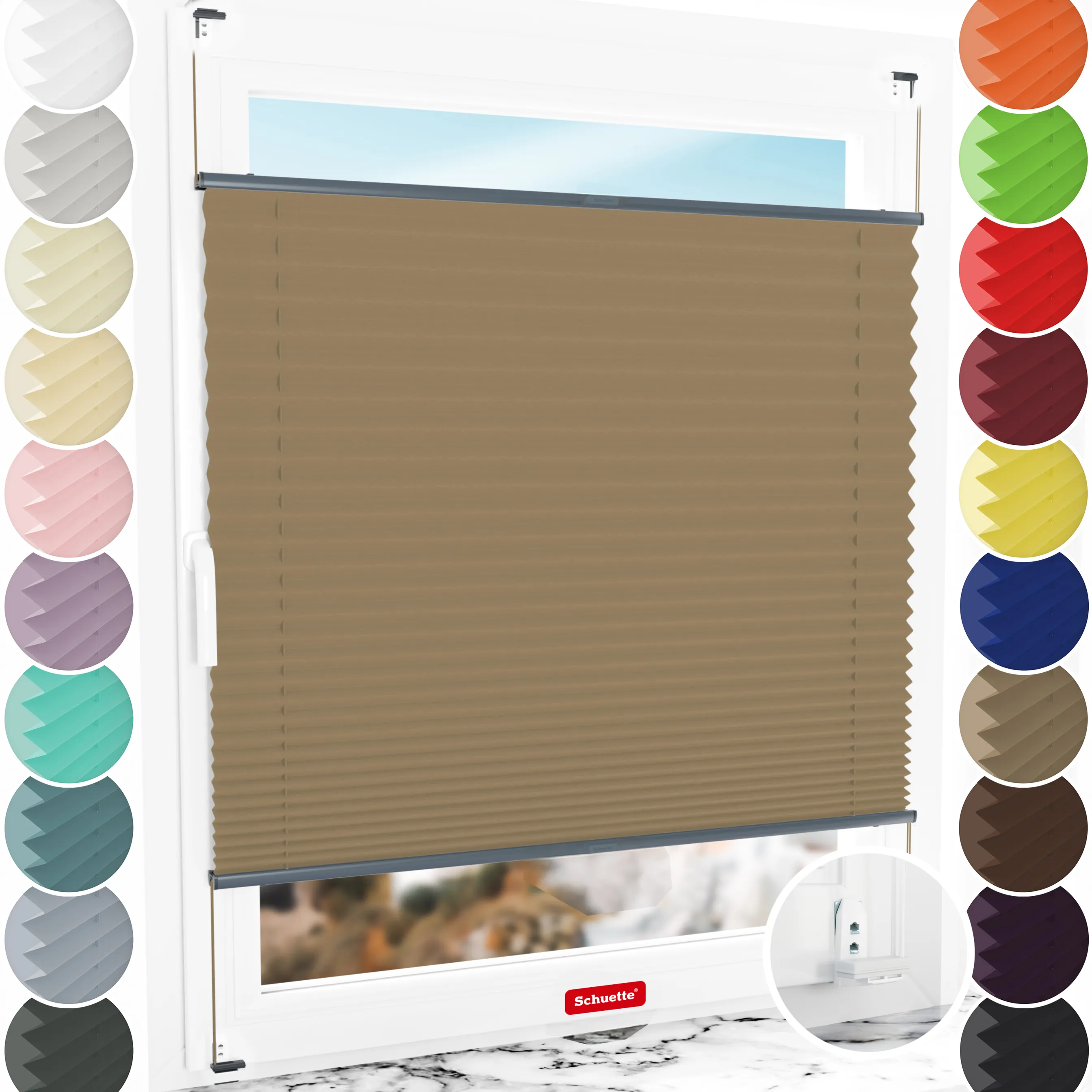 Schuette® Plissee mit Bohren nach Maß • Suprafix "Double 2in1" Schraub- & Klemmhalter • Thermo Kollektion: Mocha Dream (Hellbraun) • Profilfarbe: Anthrazit