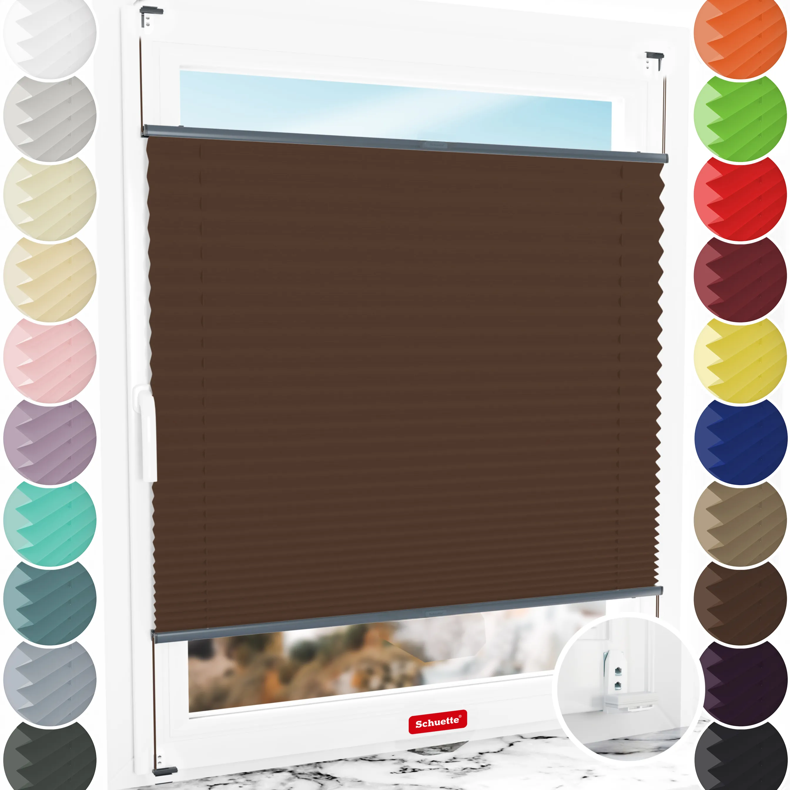 Schuette® Plissee mit Bohren nach Maß • Suprafix "Double 2in1" Schraub- & Klemmhalter • Thermo Kollektion: Toffee (Dunkelbraun) • Profilfarbe: Anthrazit