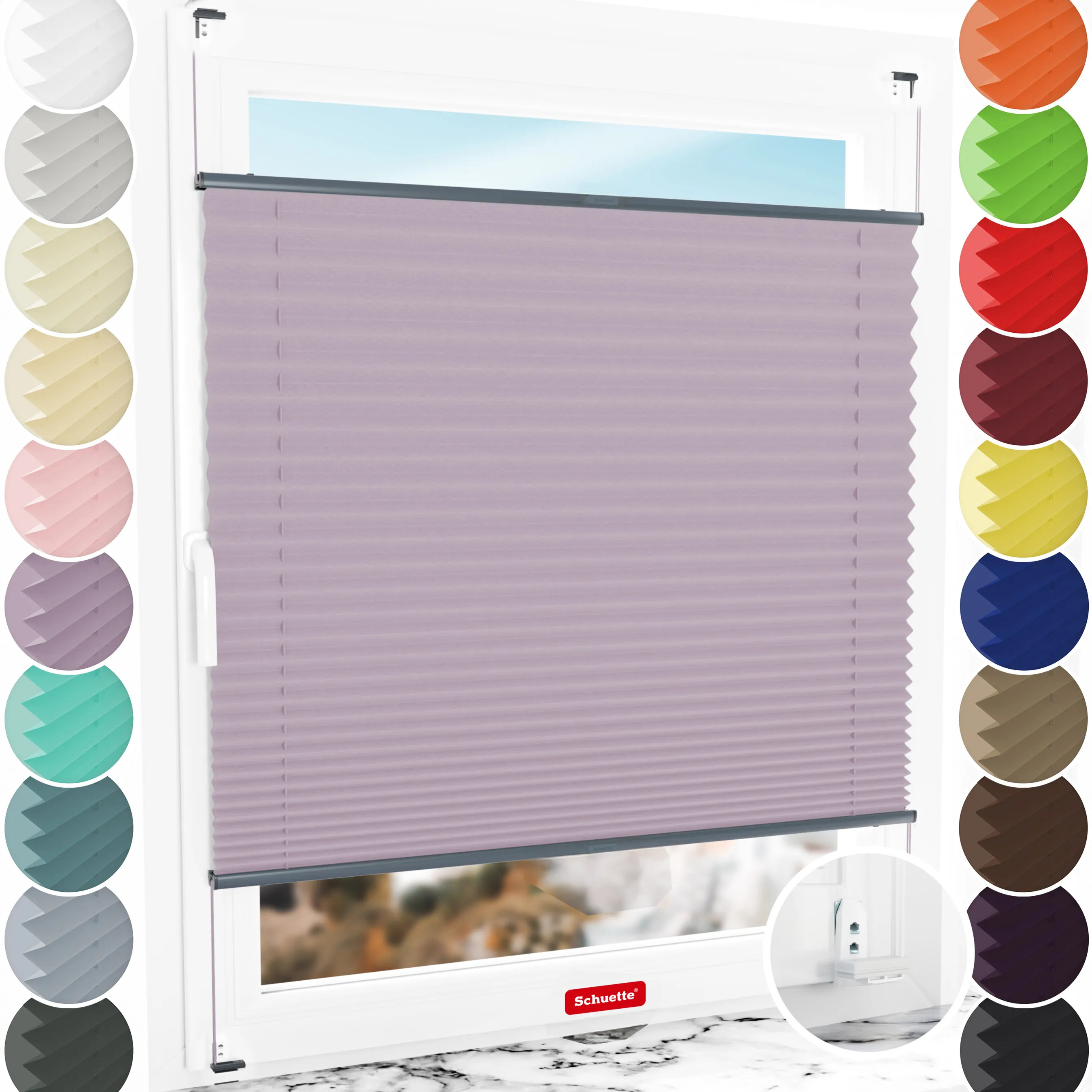 Schuette® Plissee mit Bohren nach Maß • Suprafix "Double 2in1" Schraub- & Klemmhalter • Thermo Kollektion: Pastel Grape (Lila) • Profilfarbe: Anthrazit