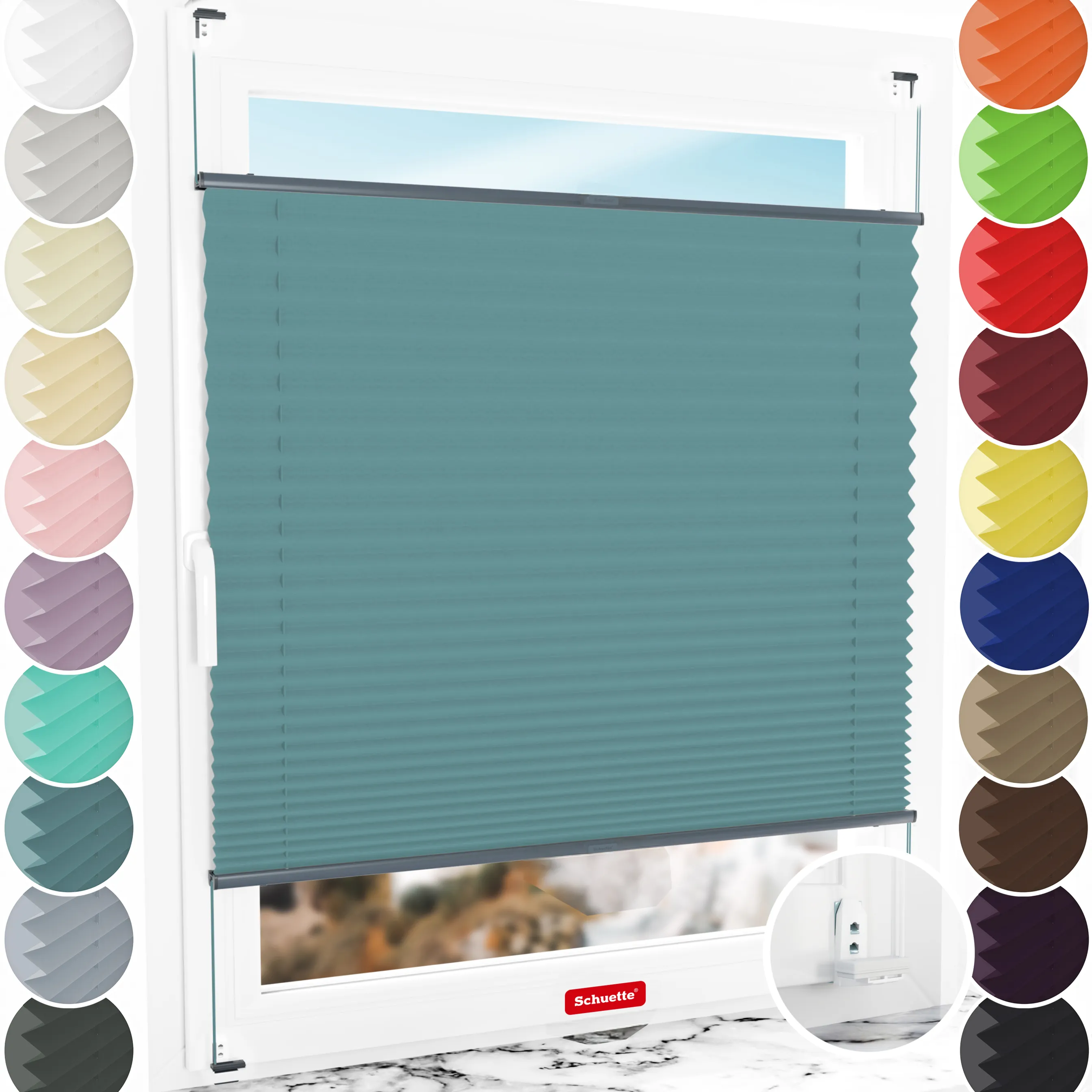 Schuette® Plissee mit Bohren nach Maß • Suprafix "Double 2in1" Schraub- & Klemmhalter • Thermo Kollektion: Teal Aura (Türkis) • Profilfarbe: Anthrazit