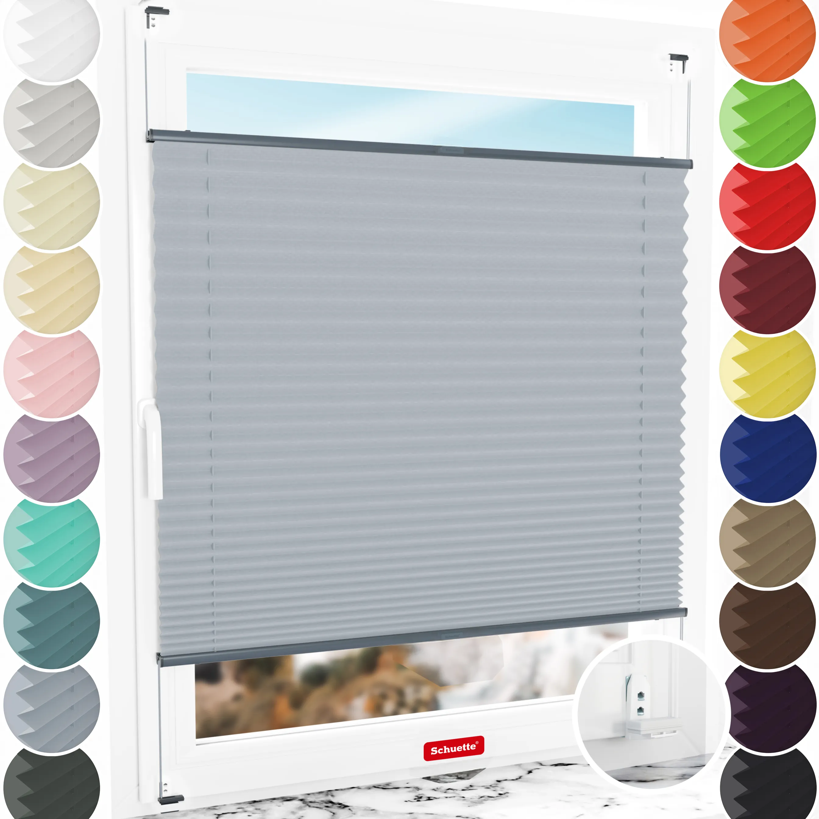 Schuette® Plissee mit Bohren nach Maß • Suprafix "Double 2in1" Schraub- & Klemmhalter • Thermo Kollektion: Iron Fog (Hellgrau) • Profilfarbe: Anthrazit