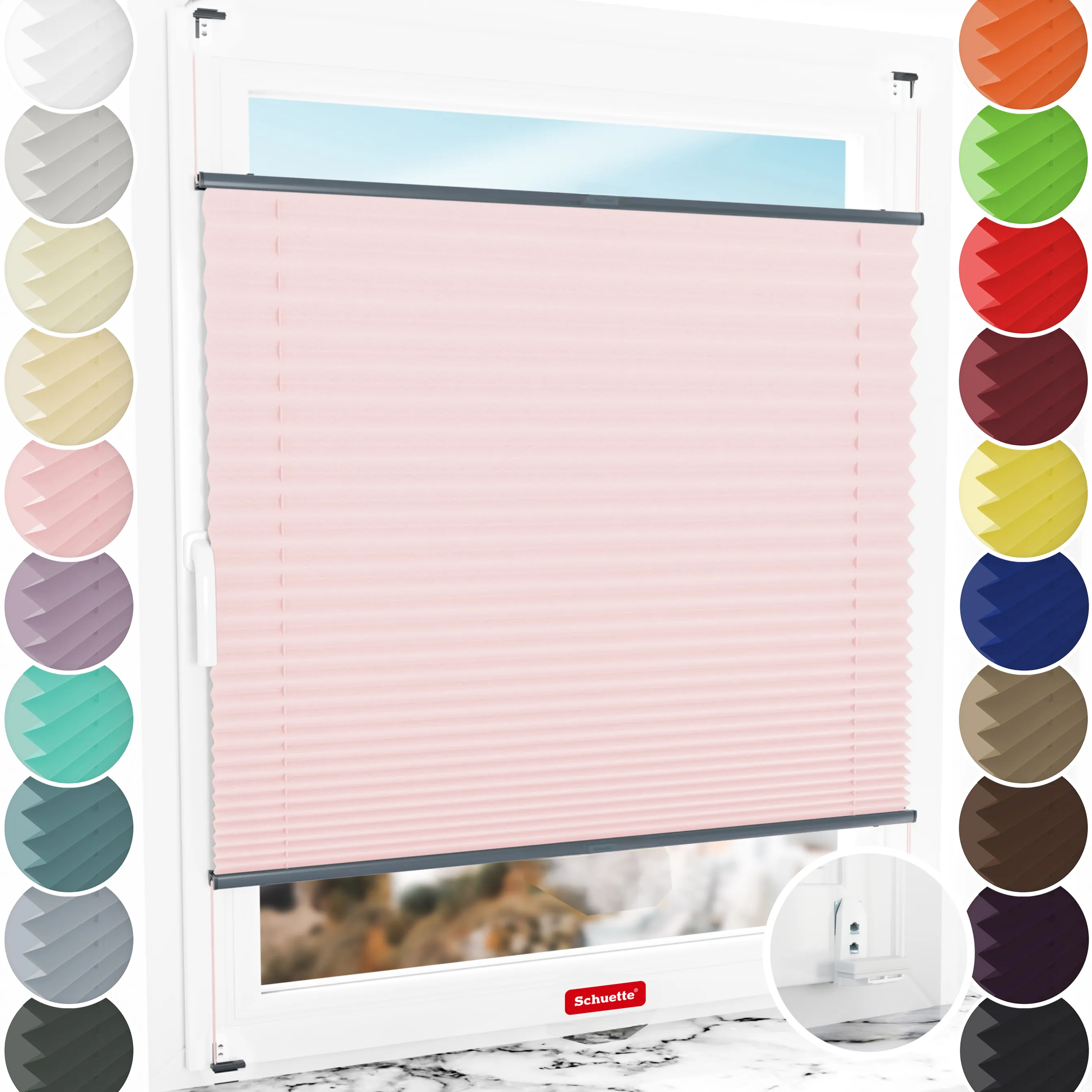 Schuette® Plissee mit Bohren nach Maß • Suprafix "Double 2in1" Schraub- & Klemmhalter • Thermo Kollektion: Rosewater (Rosa) • Profilfarbe: Anthrazit