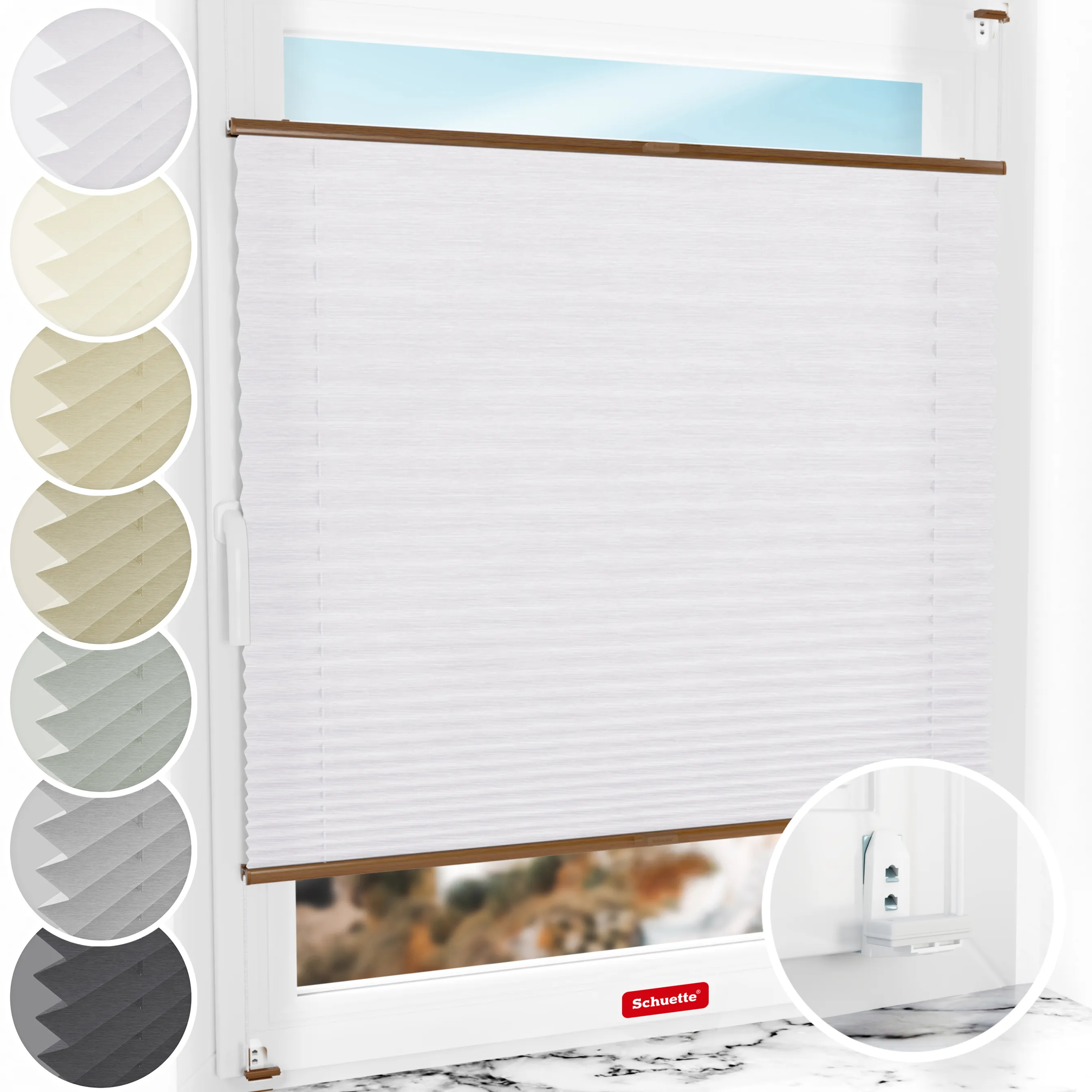 Schuette® Plissee mit Bohren nach Maß • Suprafix "Double 2in1" Schraub- & Klemmhalter • Dolomite Kollektion: Cold Morning (Grau) • Profilfarbe: Eiche