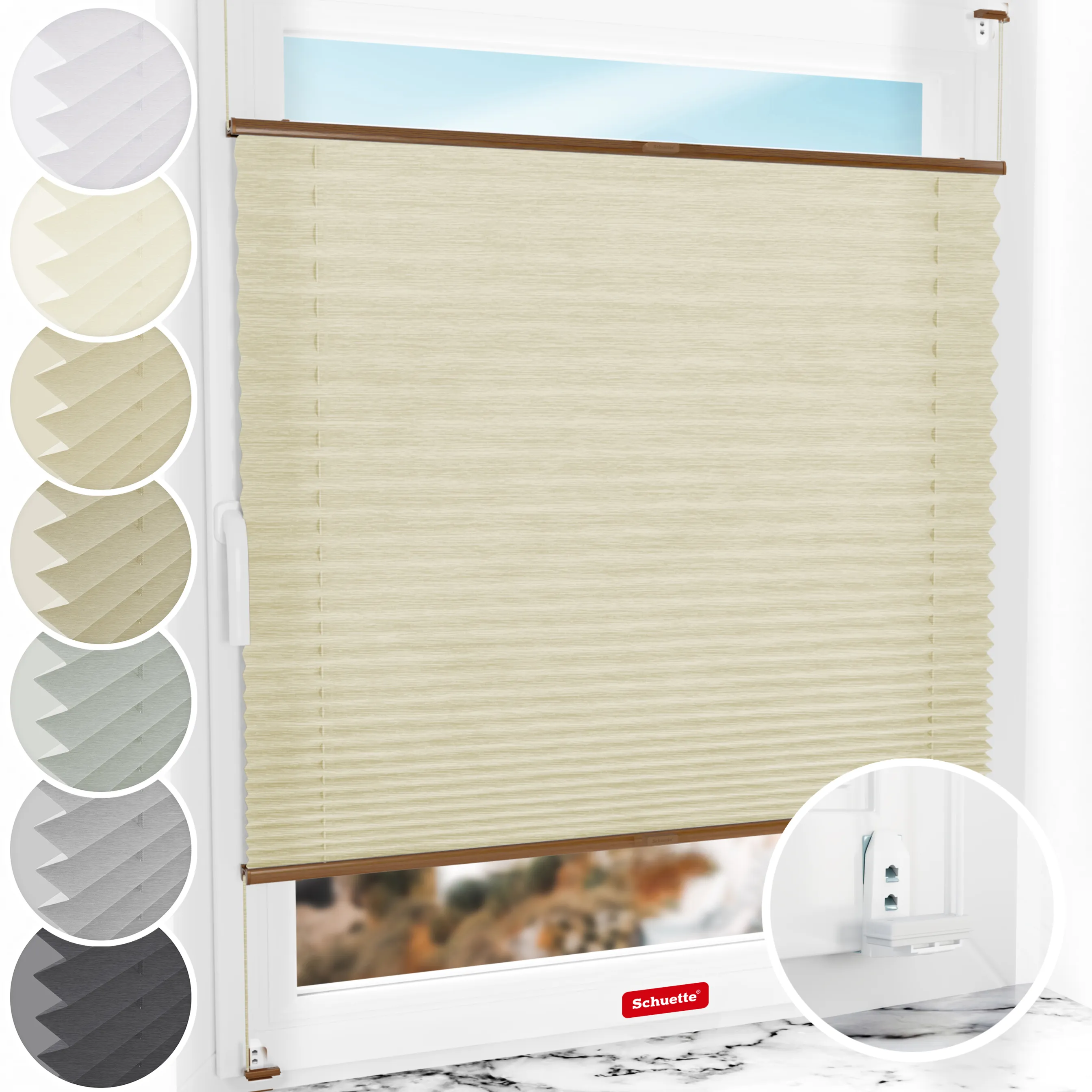 Schuette® Plissee mit Bohren nach Maß • Suprafix "Double 2in1" Schraub- & Klemmhalter • Dolomite Kollektion: Wet Stand (Beige) • Profilfarbe: Eiche