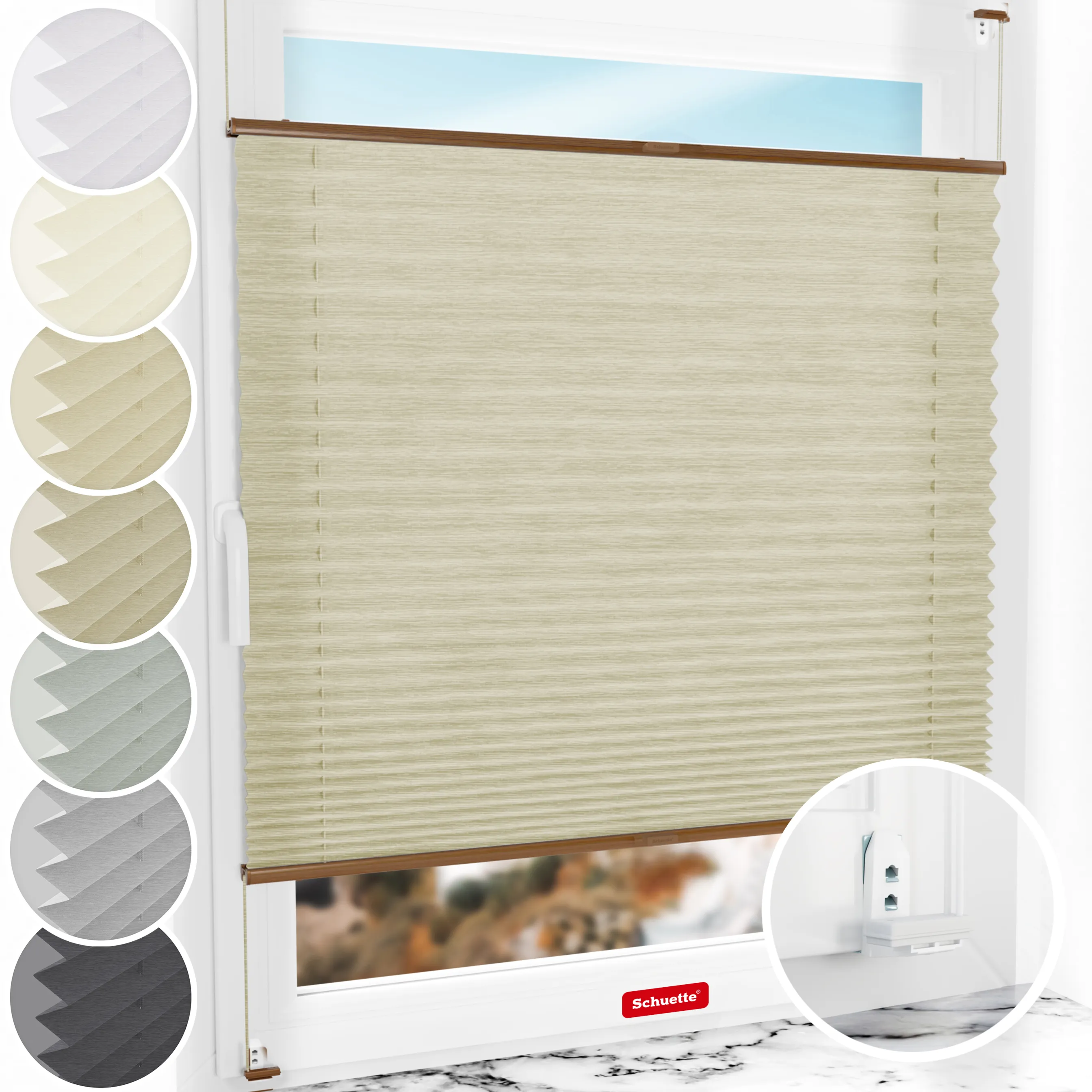 Schuette® Plissee mit Bohren nach Maß • Suprafix "Double 2in1" Schraub- & Klemmhalter • Dolomite Kollektion: Light Coffee (Beige) • Profilfarbe: Eiche