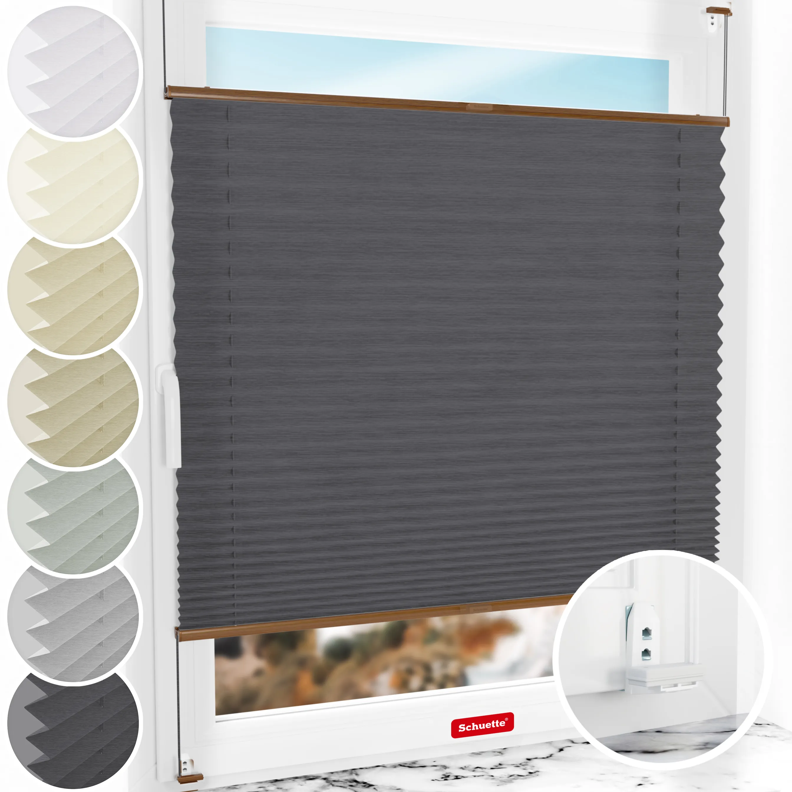 Schuette® Plissee mit Bohren nach Maß • Suprafix "Double 2in1" Schraub- & Klemmhalter • Dolomite Kollektion: Dark Vintage (Grau) • Profilfarbe: Eiche