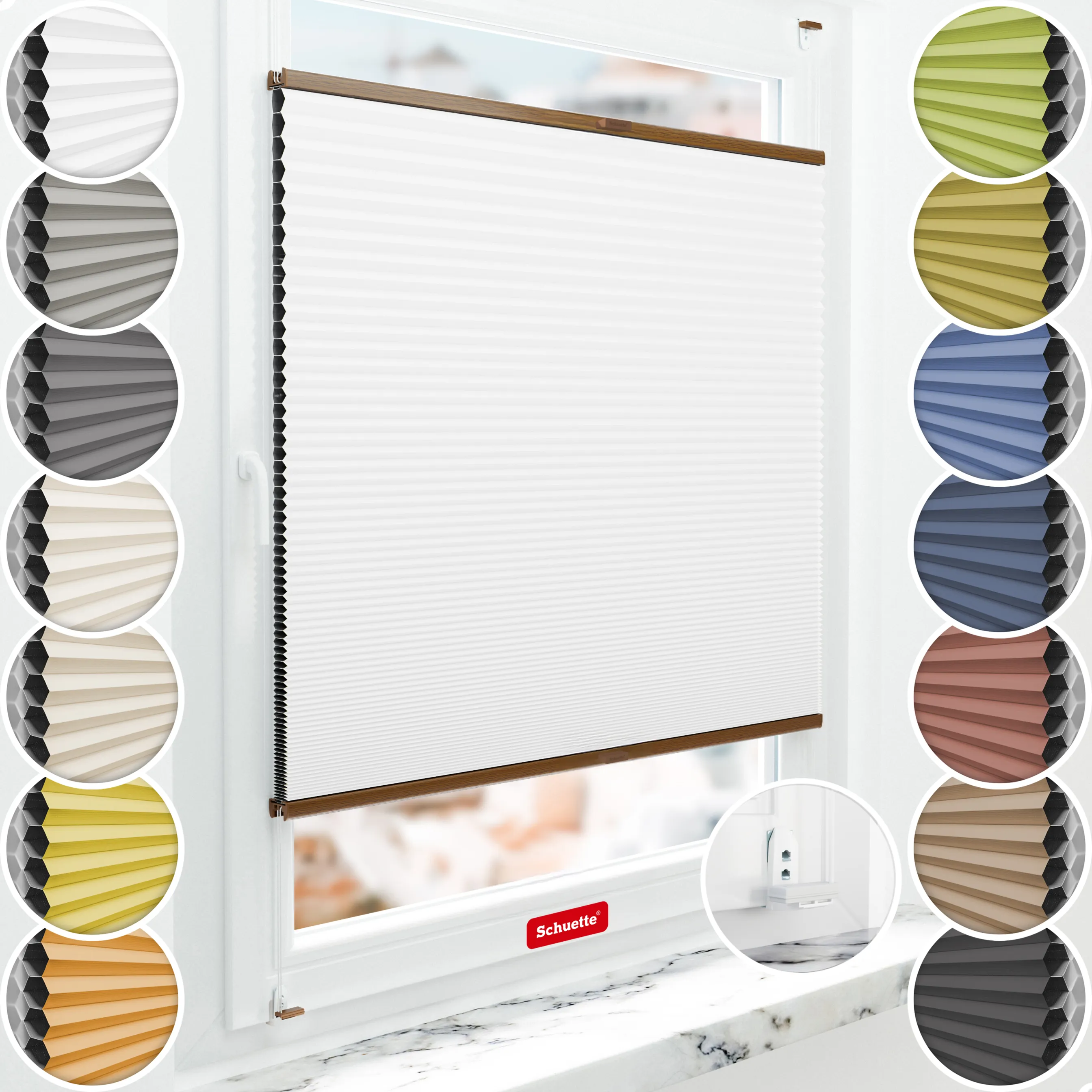 Schuette® Wabenplissee mit Bohren nach Maß • Suprafix "Double 2in1" Schraub- & Klemmhalter • Honey Kollektion: Moonlight (Weiß) • Profilfarbe: Eiche