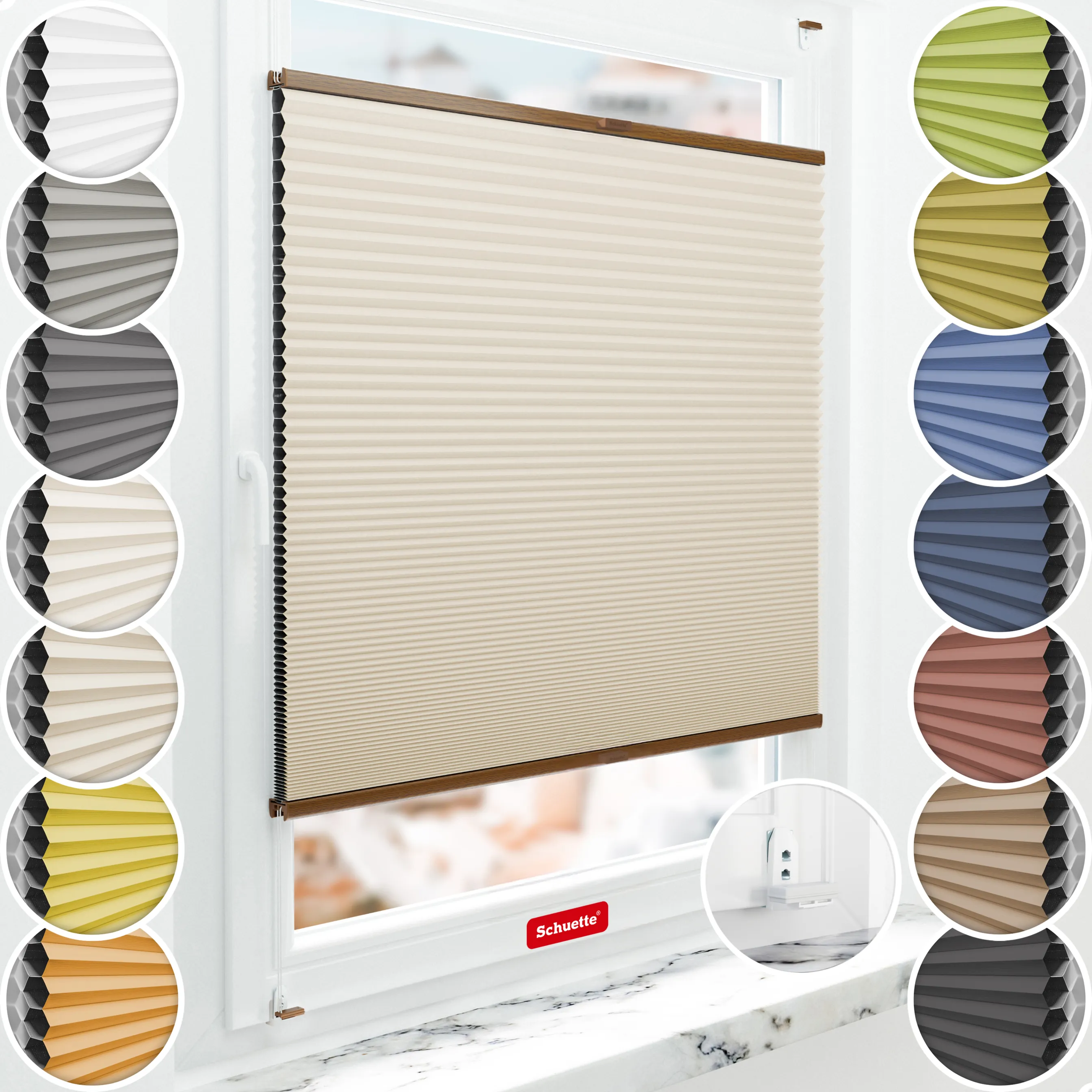 Schuette® Wabenplissee mit Bohren nach Maß • Suprafix "Double 2in1" Schraub- & Klemmhalter • Honey Kollektion: The Dune (Beige) • Profilfarbe: Eiche