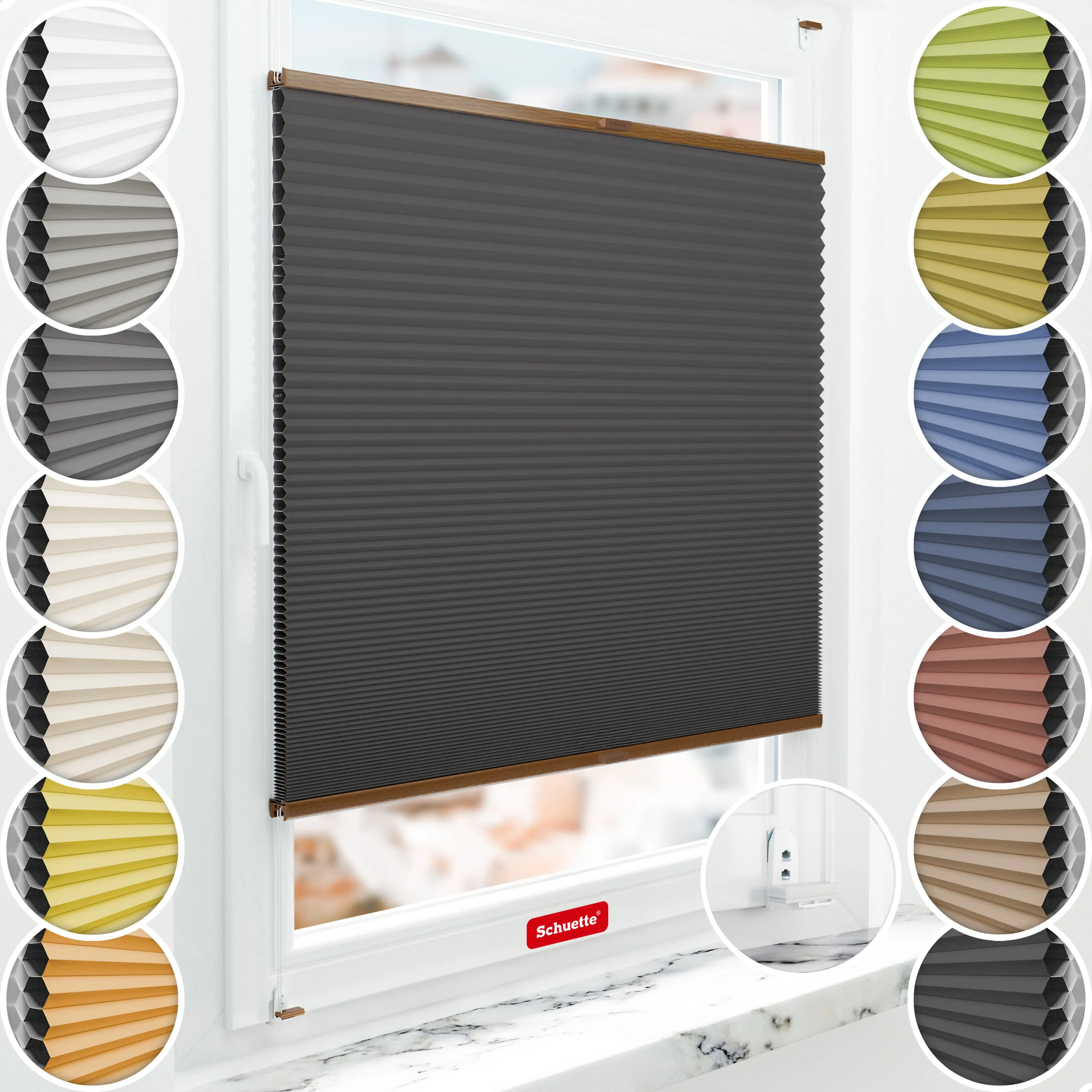 Schuette® Wabenplissee mit Bohren nach Maß • Suprafix "Double 2in1" Schraub- & Klemmhalter • Honey Kollektion: Starry Night (Schwarz) • Profilfarbe: Eiche