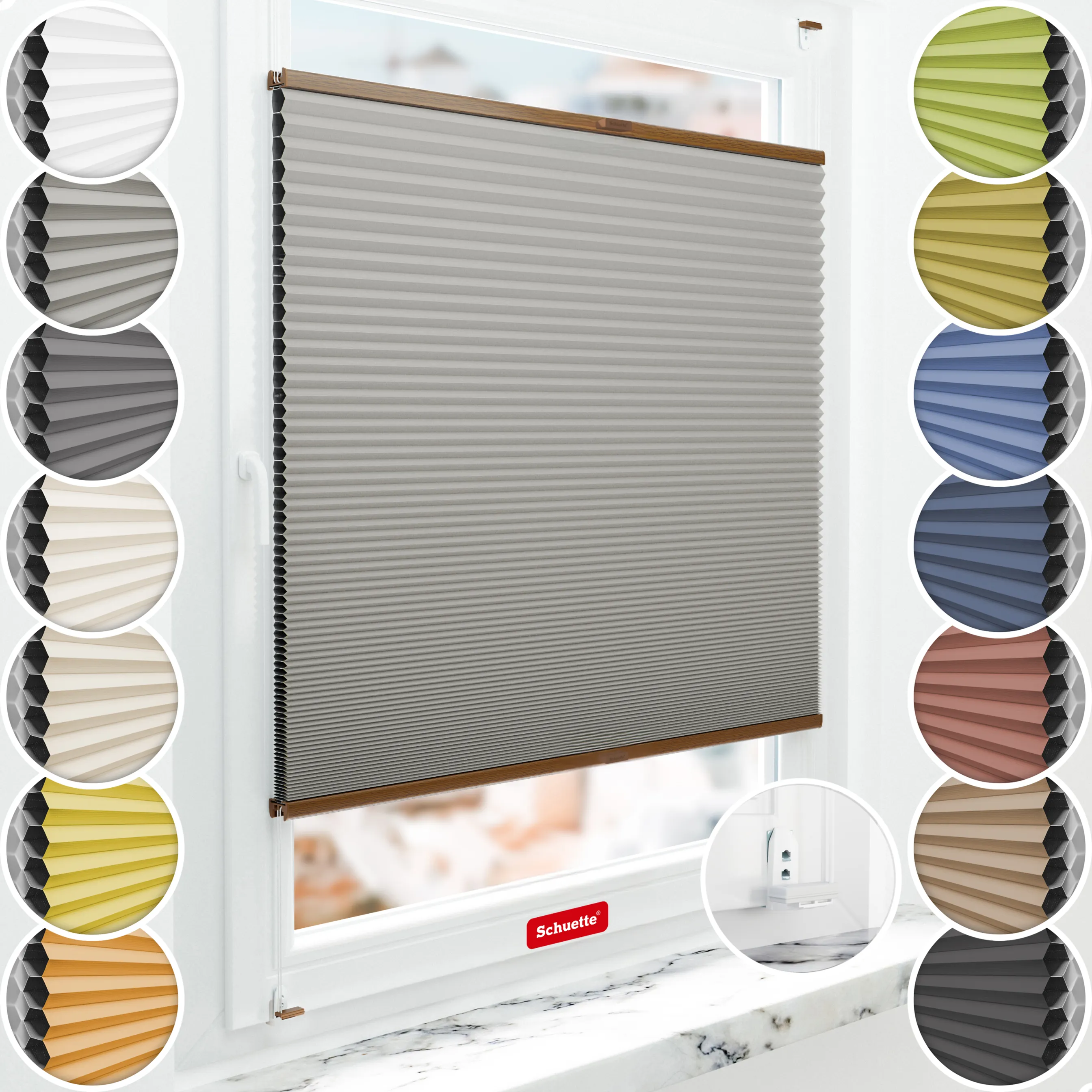 Schuette® Wabenplissee mit Bohren nach Maß • Suprafix "Double 2in1" Schraub- & Klemmhalter • Honey Kollektion: Silver Mist (Grau) • Profilfarbe: Eiche