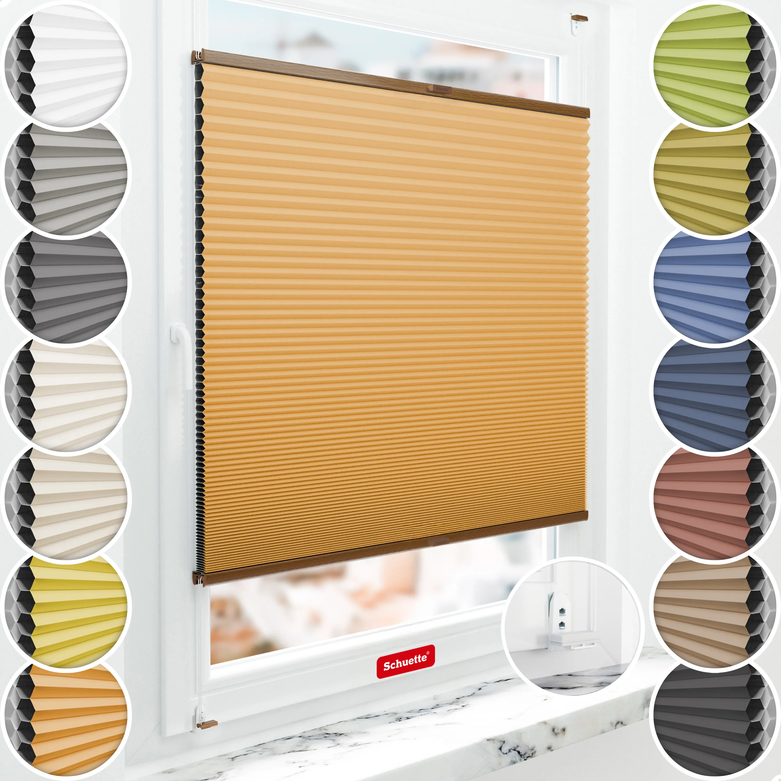 Schuette® Wabenplissee mit Bohren nach Maß • Suprafix "Double 2in1" Schraub- & Klemmhalter • Honey Kollektion: Citrus Glow (Orange) • Profilfarbe: Eiche