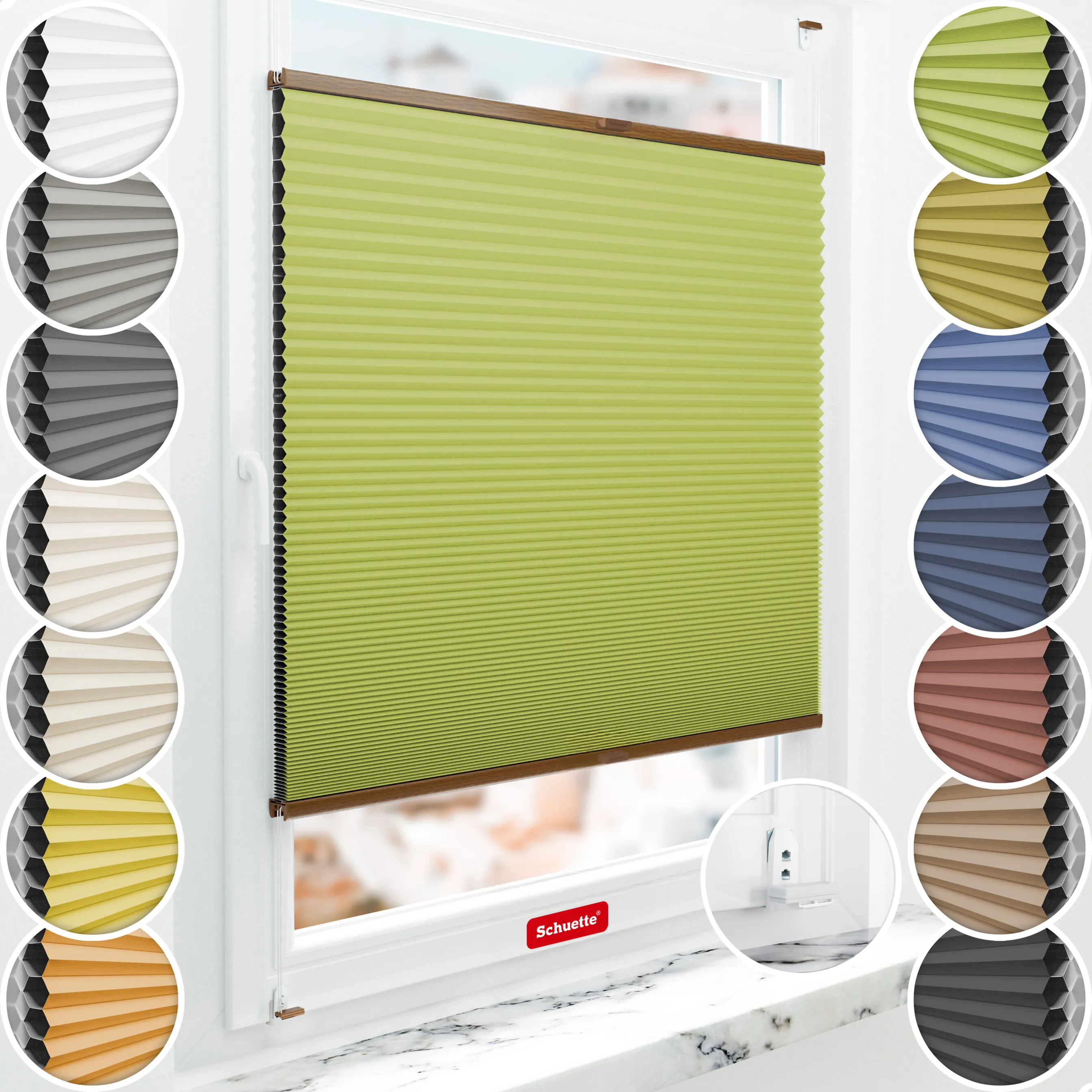 Schuette® Wabenplissee mit Bohren nach Maß • Suprafix "Double 2in1" Schraub- & Klemmhalter • Honey Kollektion: Green Tea (Grün) • Profilfarbe: Eiche