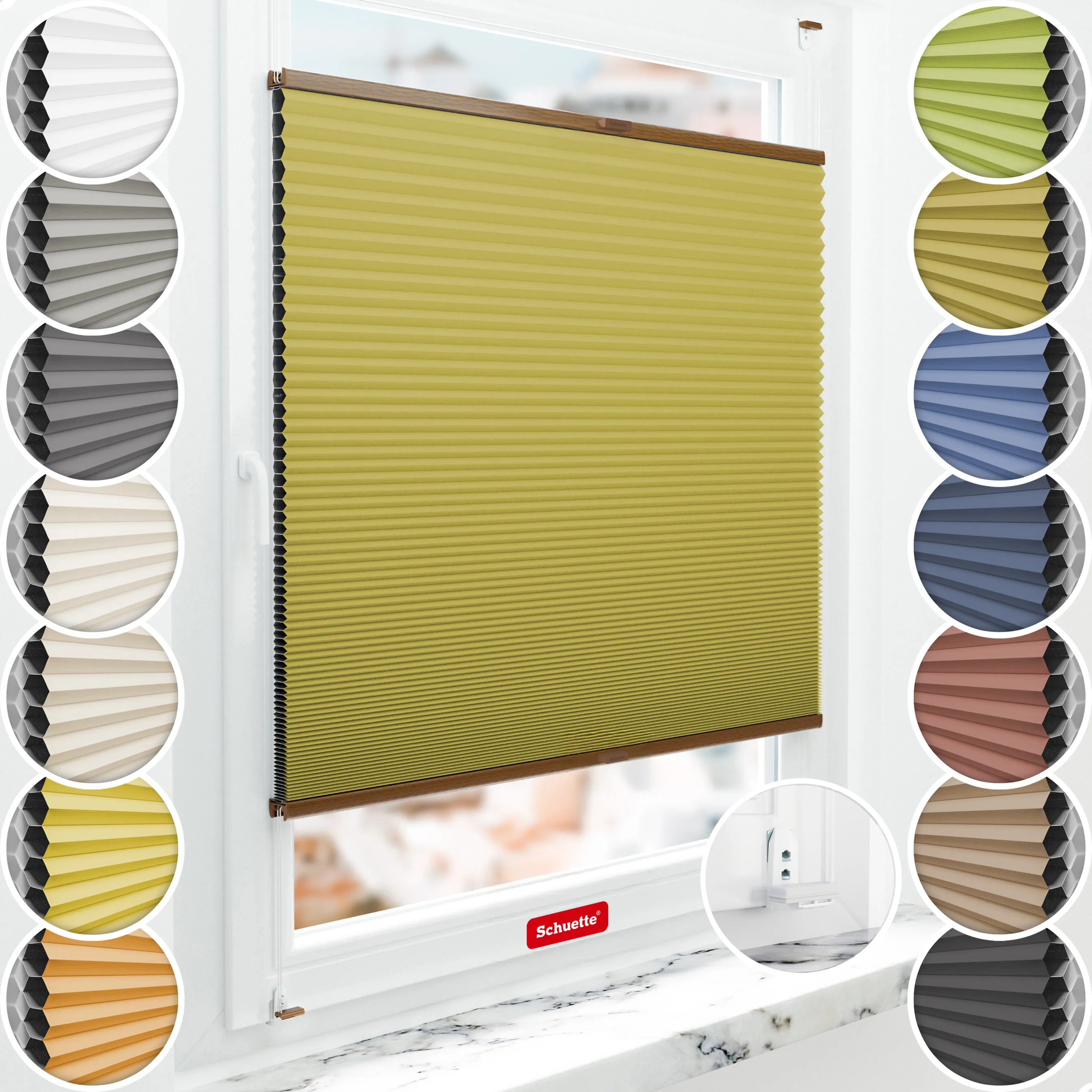 Schuette® Wabenplissee mit Bohren nach Maß • Suprafix "Double 2in1" Schraub- & Klemmhalter • Honey Kollektion: Olive Branch (Olivgrün) • Profilfarbe: Eiche