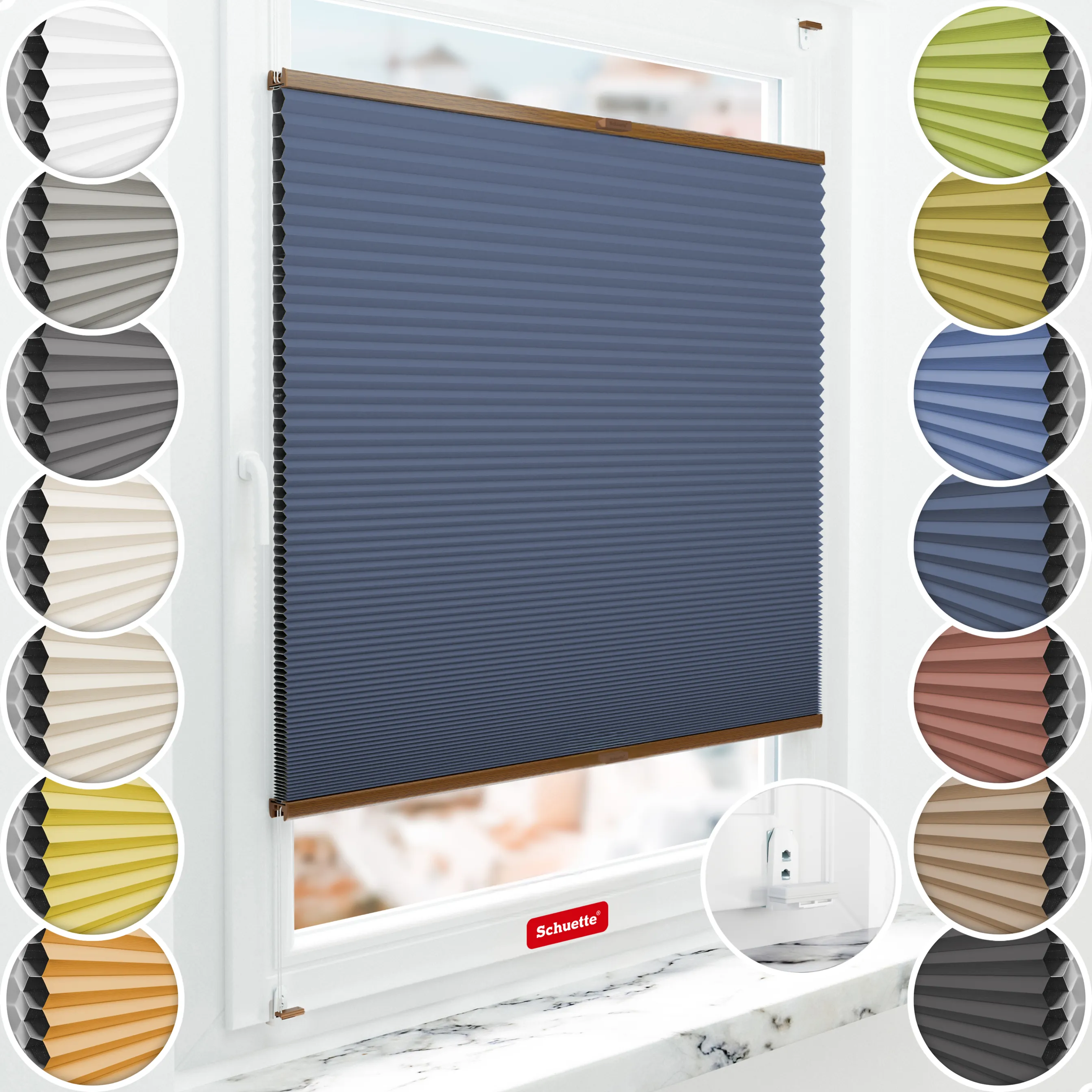 Schuette® Wabenplissee mit Bohren nach Maß • Suprafix "Double 2in1" Schraub- & Klemmhalter • Honey Kollektion: Arctic Ocean (Dunkelblau) • Profilfarbe: Eiche