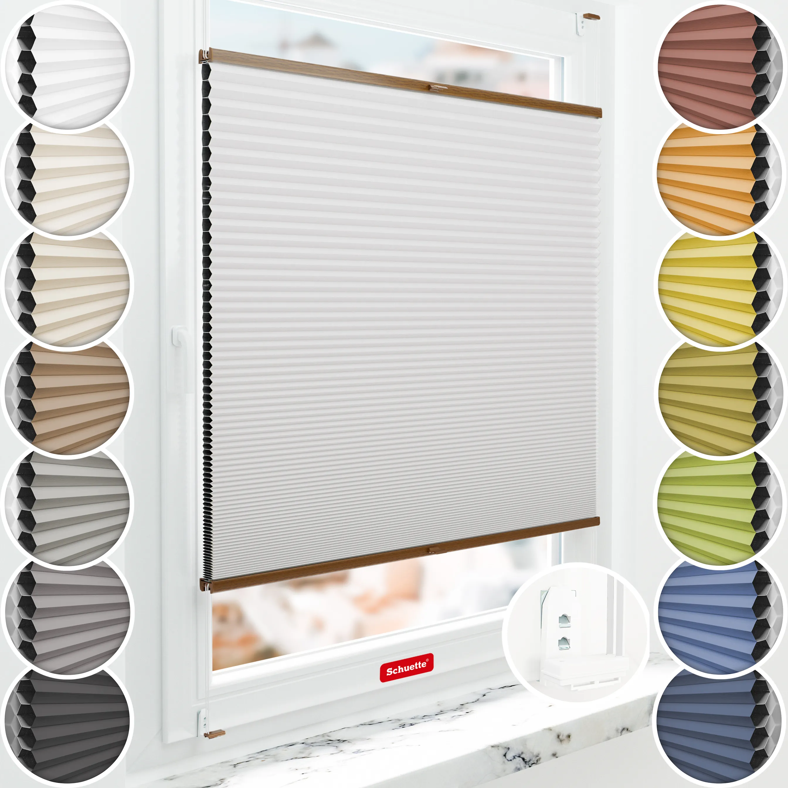 Schuette® Wabenplissee ohne Bohren nach Maß • Suprafix Klemmhalter “Double 2in1” • Honey Kollektion: Gray-zy in Love (Pastellgrau) • Profilfarbe: Eiche