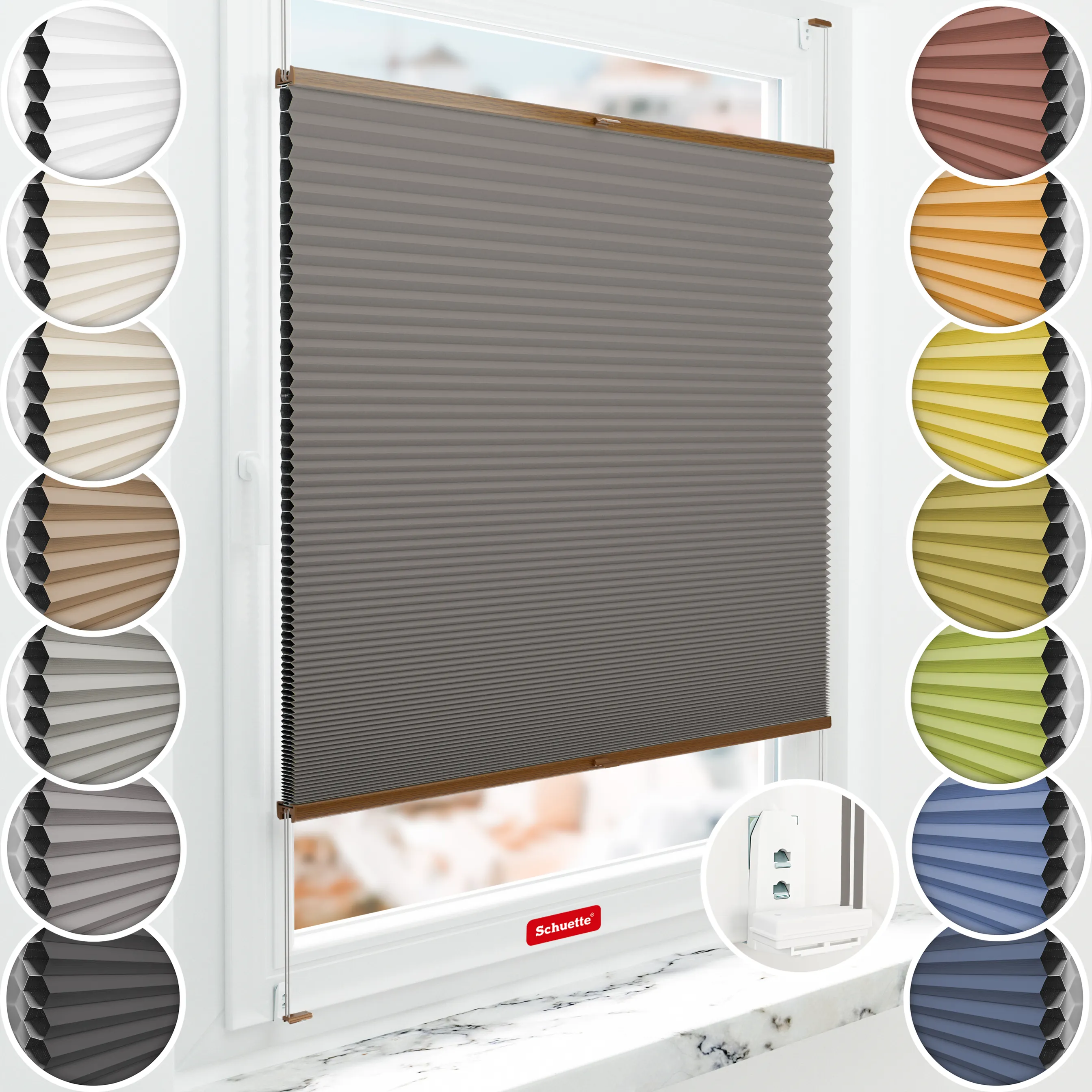 Schuette® Wabenplissee mit Bohren nach Maß • Suprafix "Double 2in1" Schraub- & Klemmhalter• Honey Kollektion: Swiss Chocolate (Taupe) • Profilfarbe: Eiche