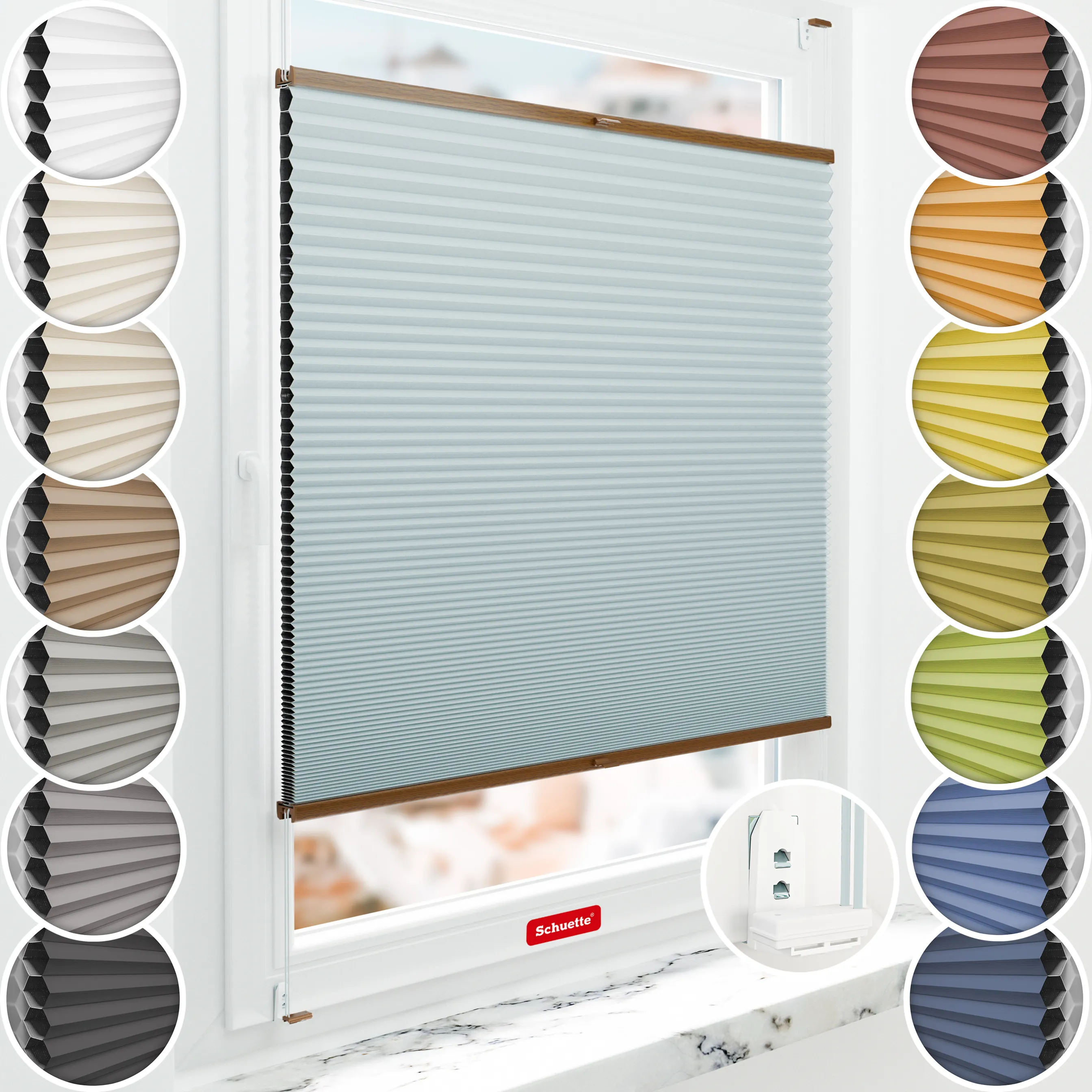Schuette® Wabenplissee mit Bohren nach Maß • Suprafix "Double 2in1" Schraub- & Klemmhalter • Honey Kollektion: Cloud Nine (Pastellblau) • Profilfarbe: Eiche