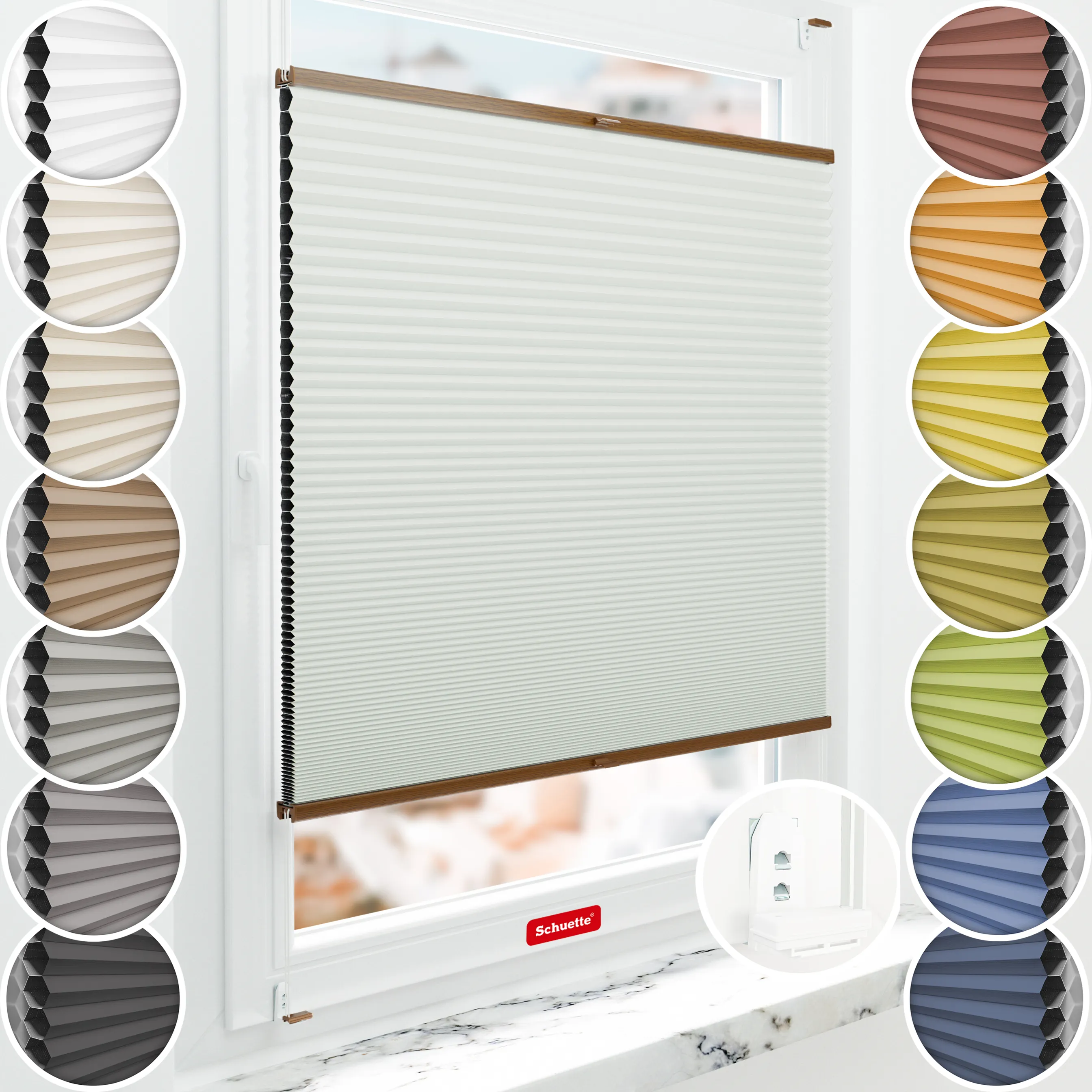 Schuette® Wabenplissee mit Bohren nach Maß • Suprafix "Double 2in1" Schraub- & Klemmhalter • Honey Kollektion: Tinkerbell Twinkle (Pastellgrün) • Profilfarbe: Eiche