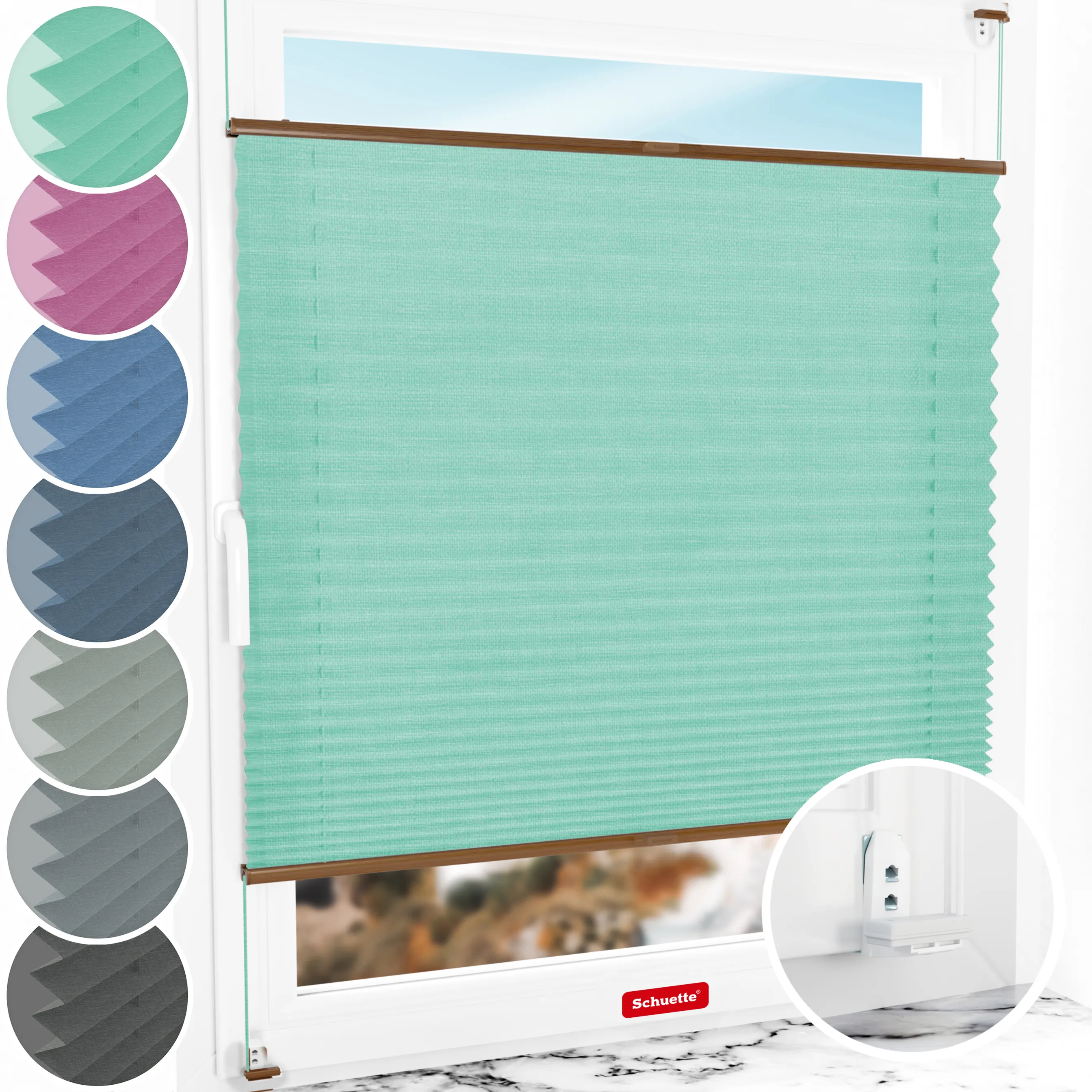 Schuette® Plissee mit Bohren nach Maß • Suprafix "Double 2in1" Schraub- & Klemmhalter • Melange Kollektion: Mint Ice Cream (Grün) • Profilfarbe: Eiche