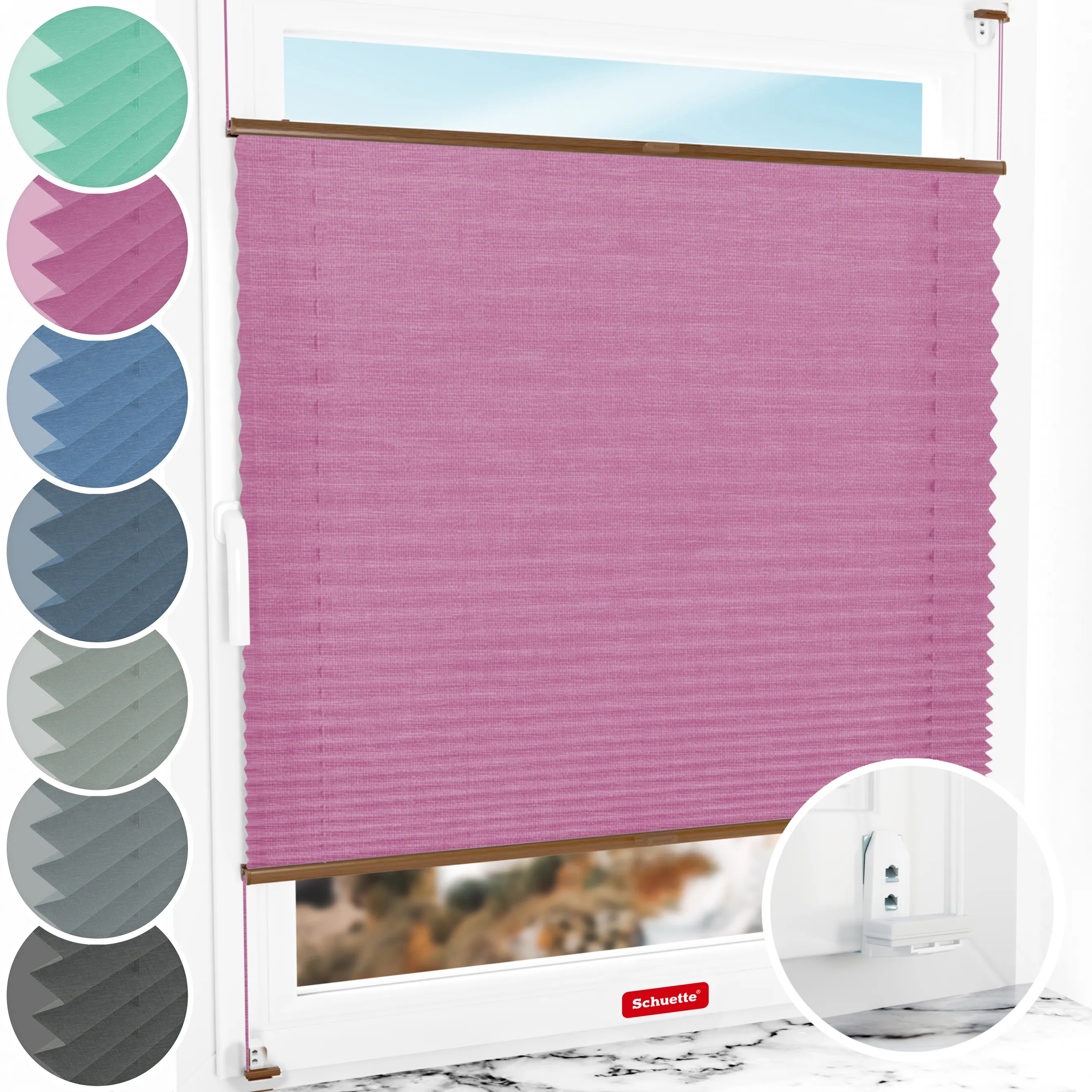 Schuette® Plissee mit Bohren nach Maß • Suprafix "Double 2in1" Schraub- & Klemmhalter • Melange Kollektion: Magic Pink (Rosa) • Profilfarbe: Eiche