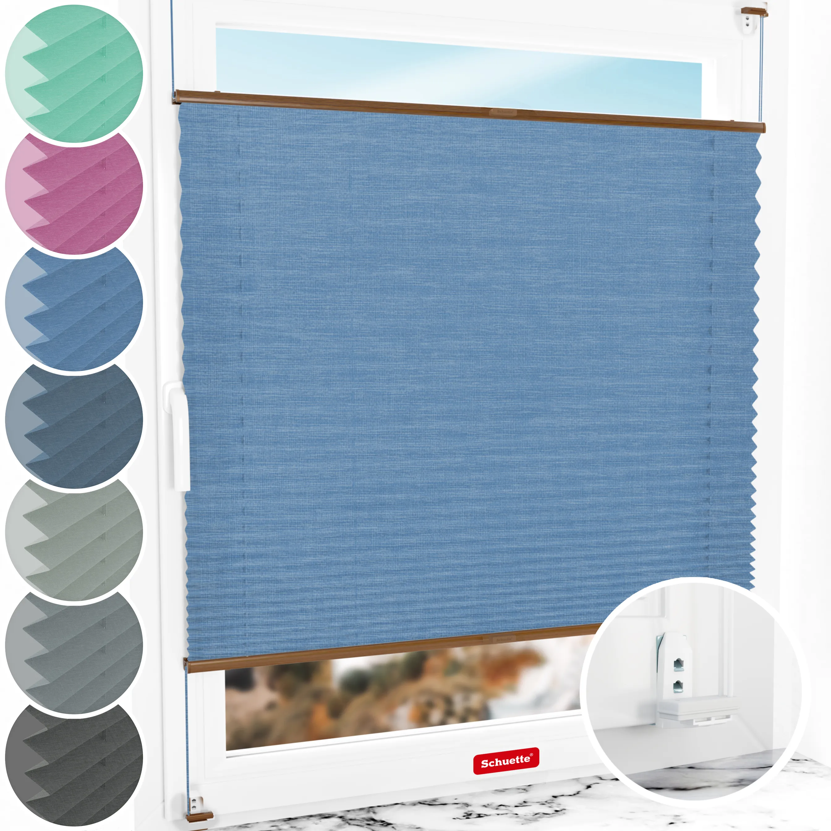 Schuette® Plissee mit Bohren nach Maß • Suprafix "Double 2in1" Schraub- & Klemmhalter • Melange Kollektion: Deep Sea (Blau) • Profilfarbe: Eiche